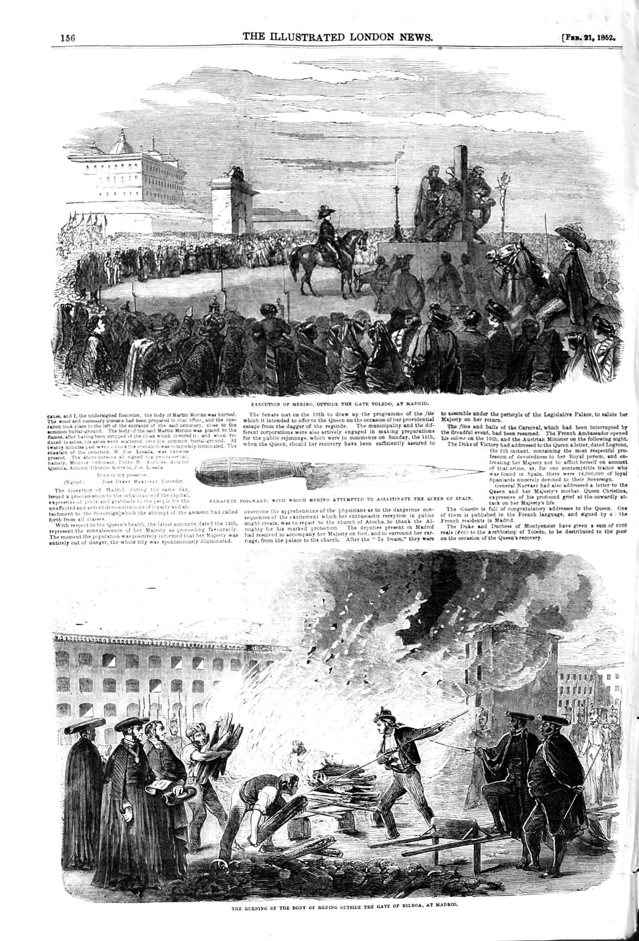 Old Antique Print 1852 Execution Merino Toledo Madrid Burning Body Bilboa 19th