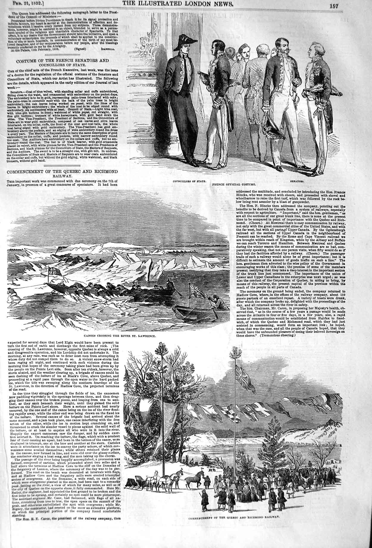 Original Old Antique Print 1852 Quebec Richmond Railway Canoes Lawrence S 19th