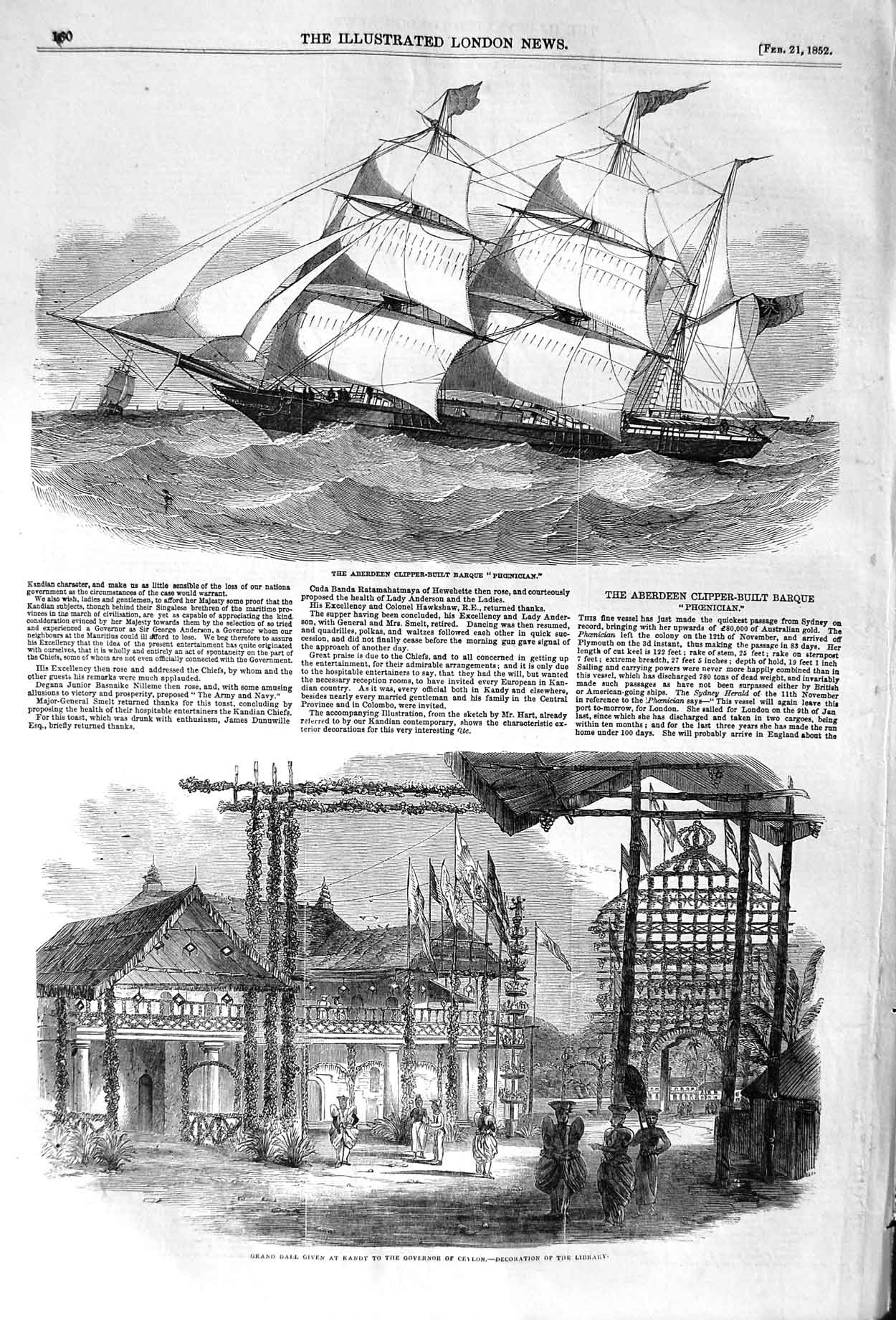 Old Antique Print 1852 Aberdeen Clipper Ship Phoenician Ball Kandy Ceylon 19th