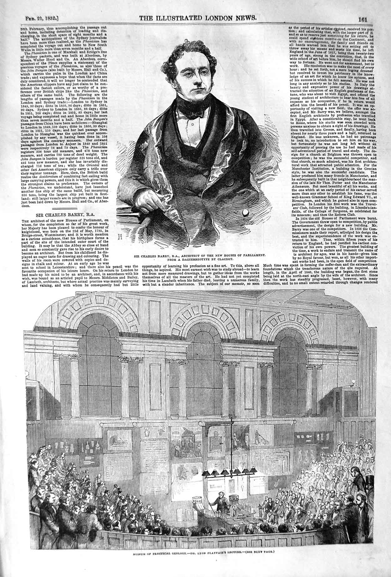 Original Old Antique Print 1852 Charles Barry Architect Museum Geology Playfair