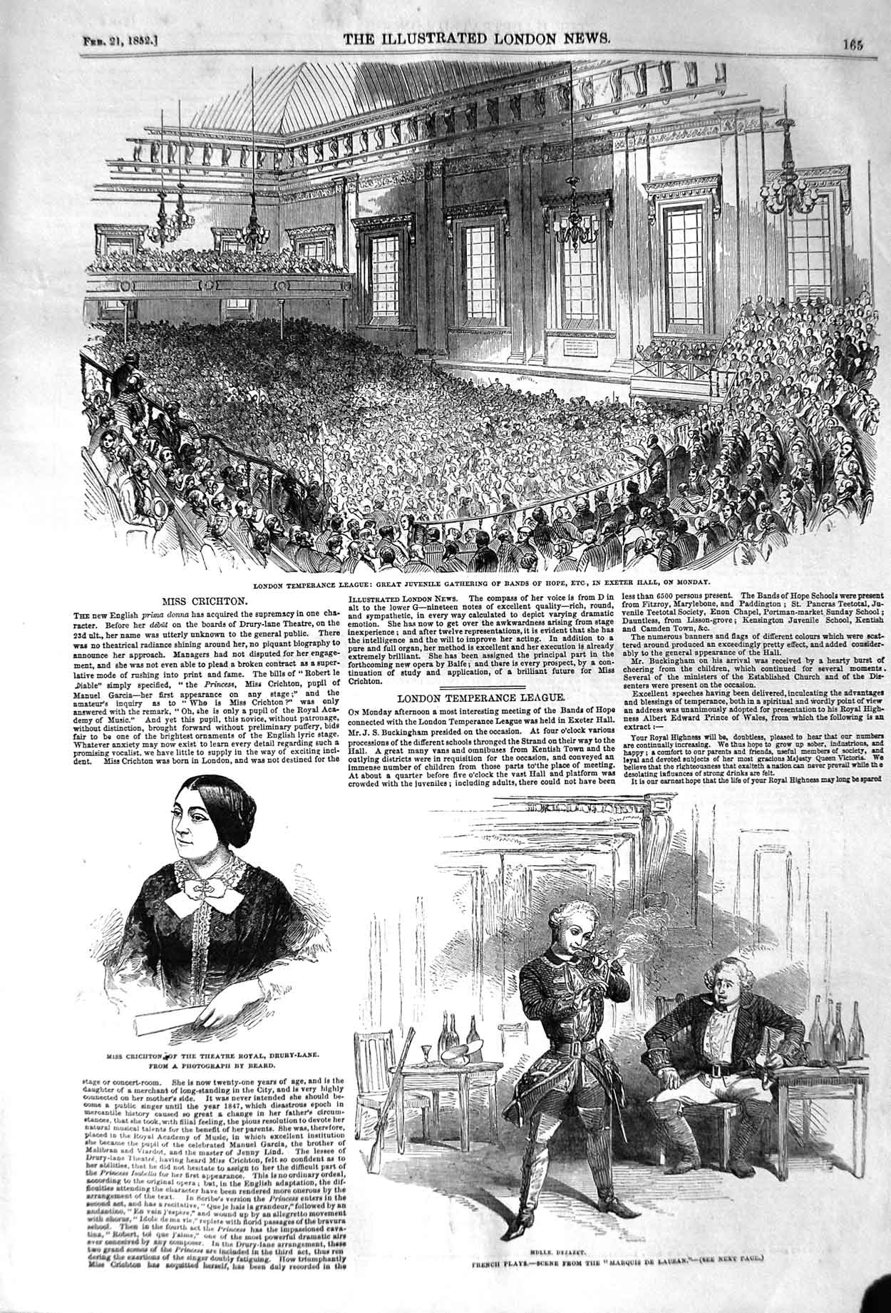 Old Antique Print 1852 Theatre Crichton London Temperance League Exeter 19th