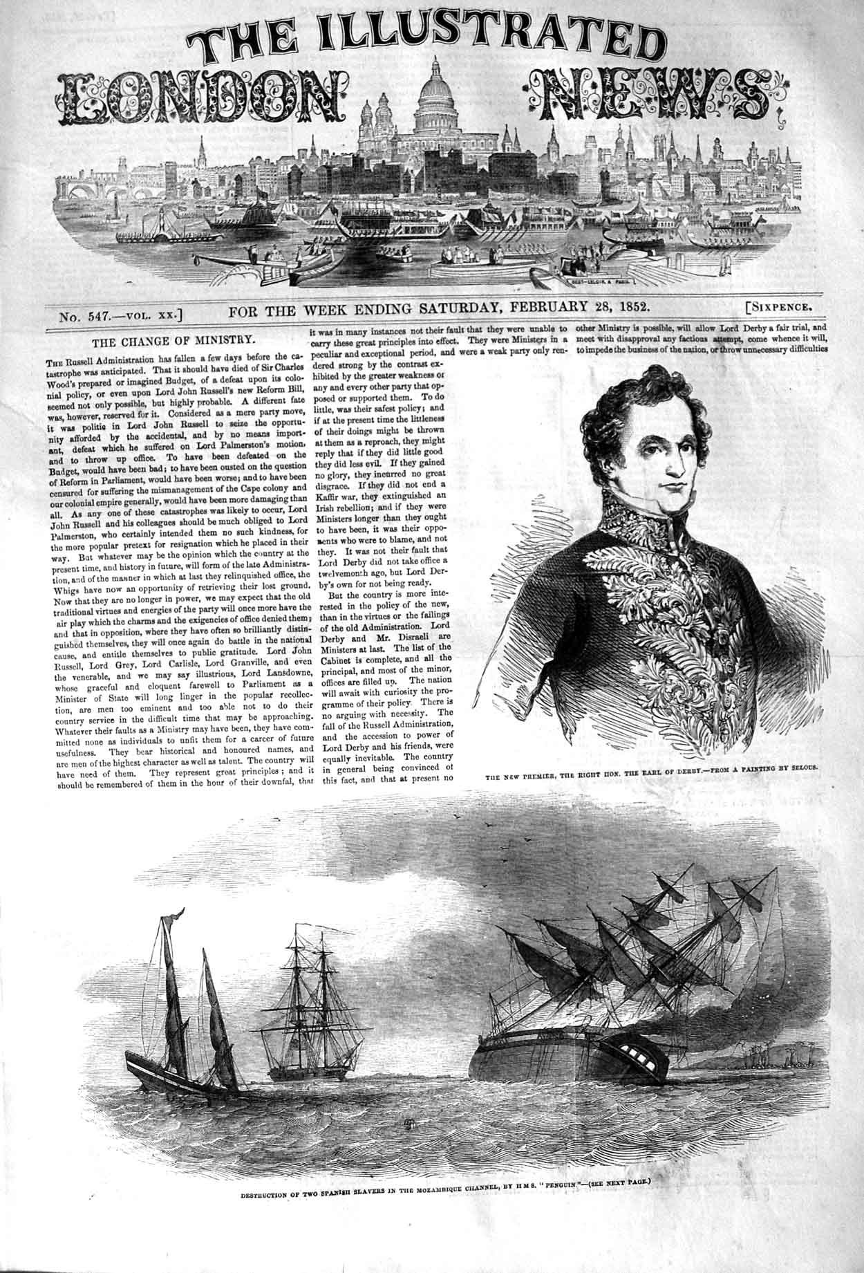 Old Antique Print 1852 Spanish Slaver Ships Mozambique Penguin Earl Derby 19th