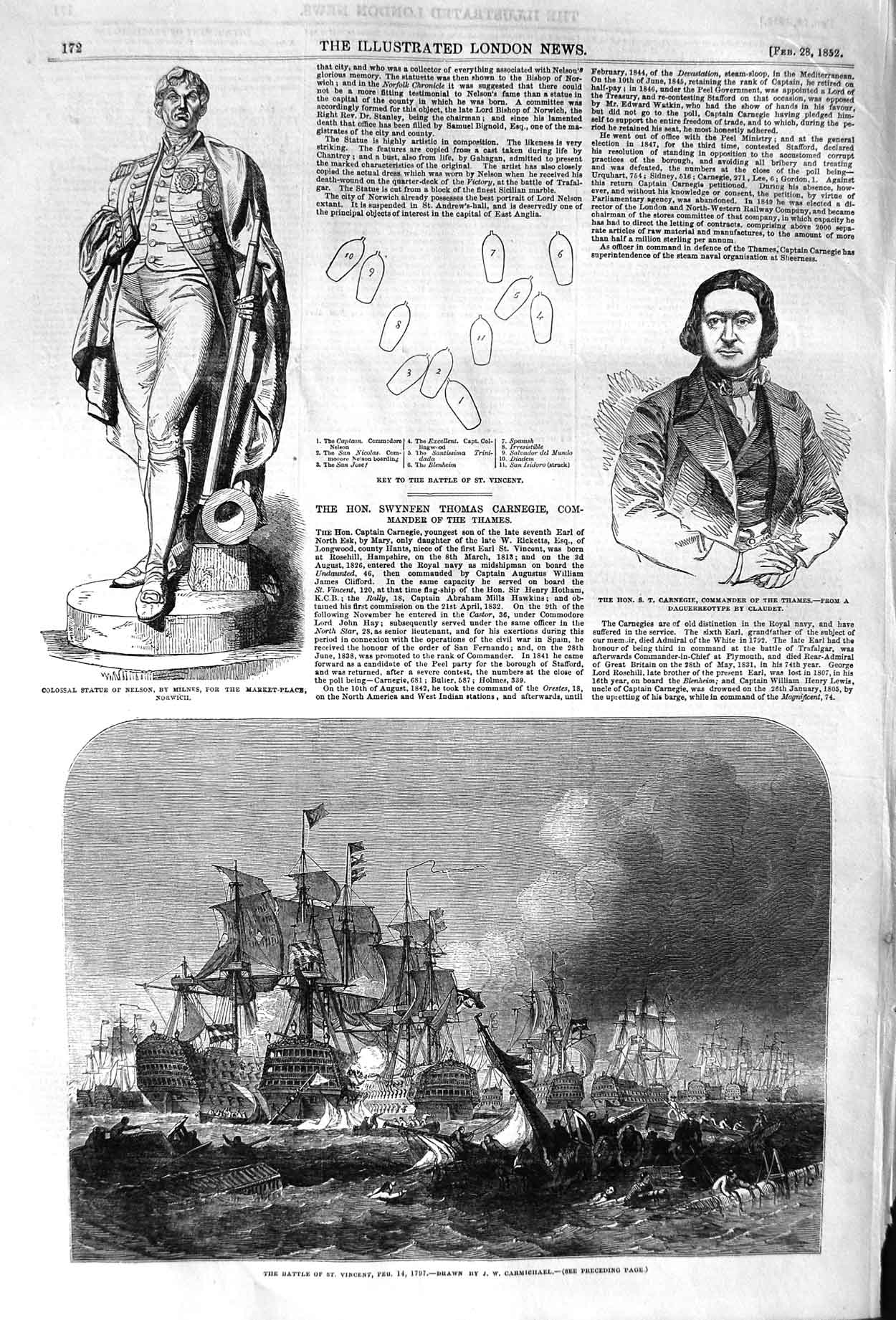 Old Antique Print 1852 Battle Vincent Ships Statue Nelson Carnegie Thames 19th