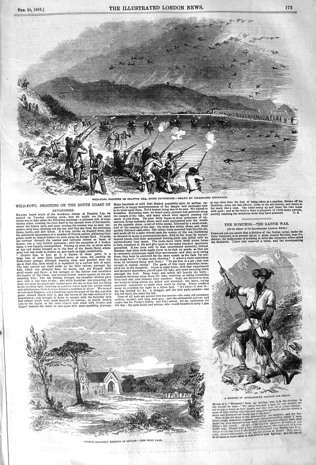 Original Old Antique Print 1852 Wild-Fowl Shooting Shapton Church Ceylon Momund