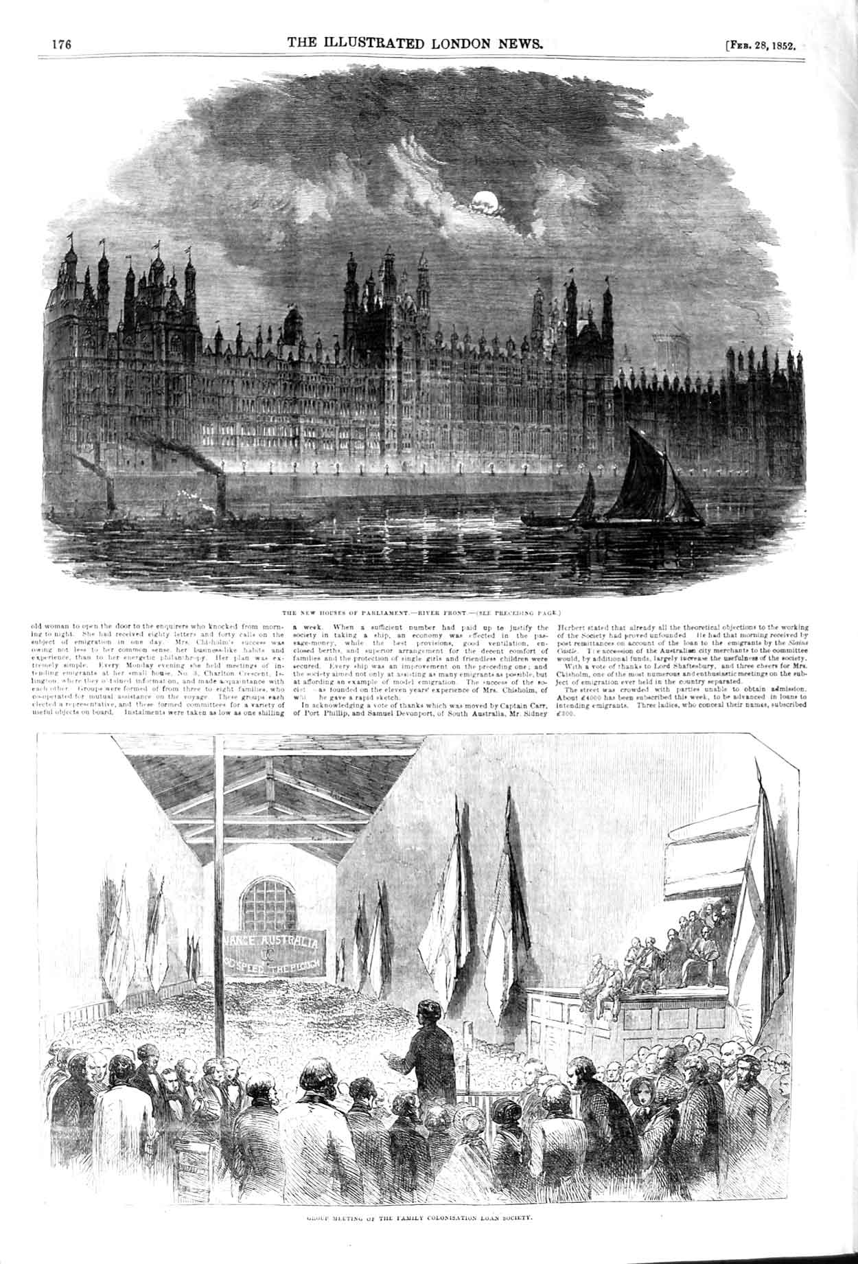 Old Antique Print 1852 Houses Parliament Meeting Family Colonisation Loan 19th