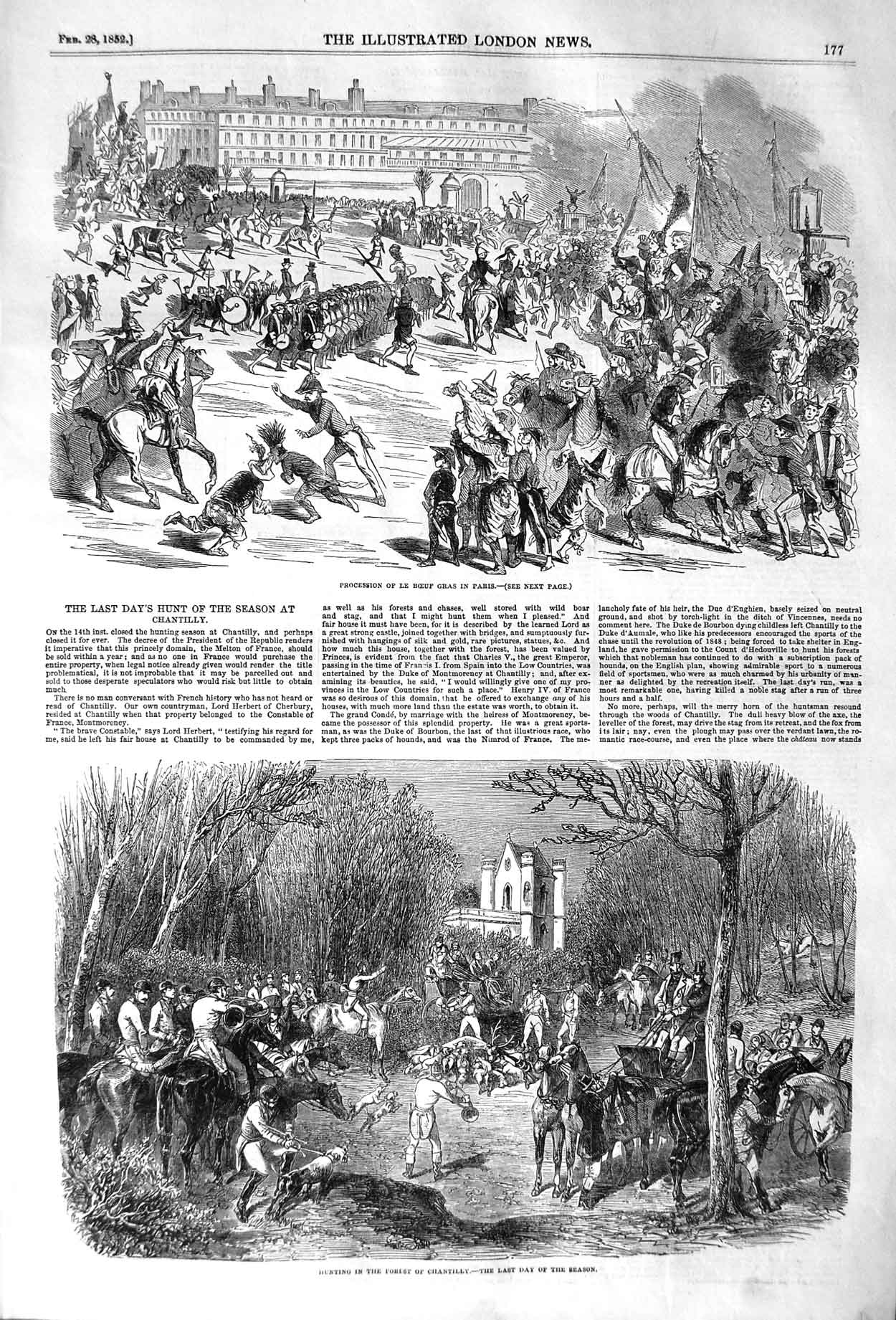Original Old Antique Print 1852 Procession Boeuf Gras Paris Hunting Chantilly