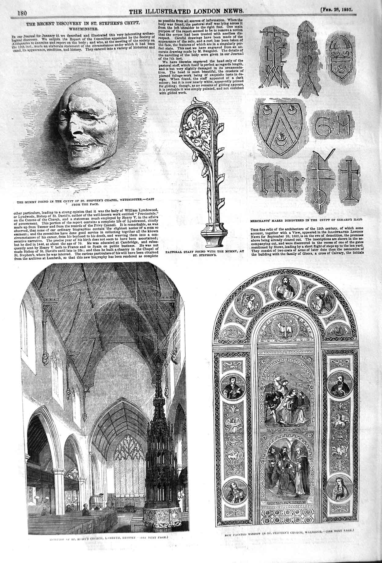Original Old Antique Print 1852 St. Mary'S Church Lambeth Window Walbrook Mummy