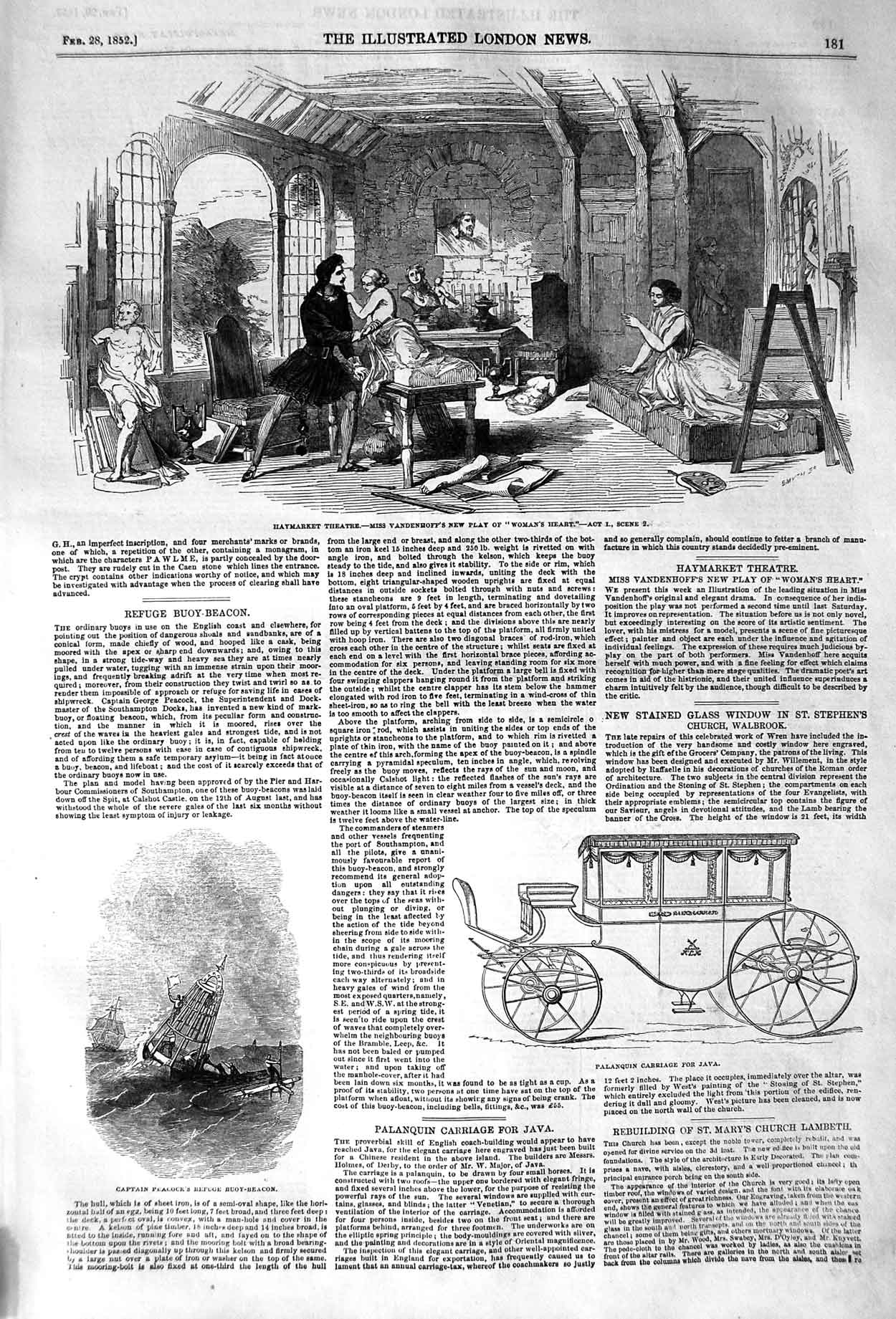 Old Antique Print 1852 Palanquin Carriage Java Peacock Ship Buoy Theatre 19th