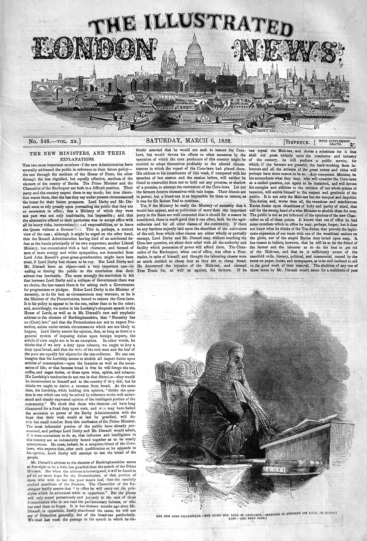 Original Old Antique Print 1852 Lord Chancellor Lord St. Leonards Lincol 19th