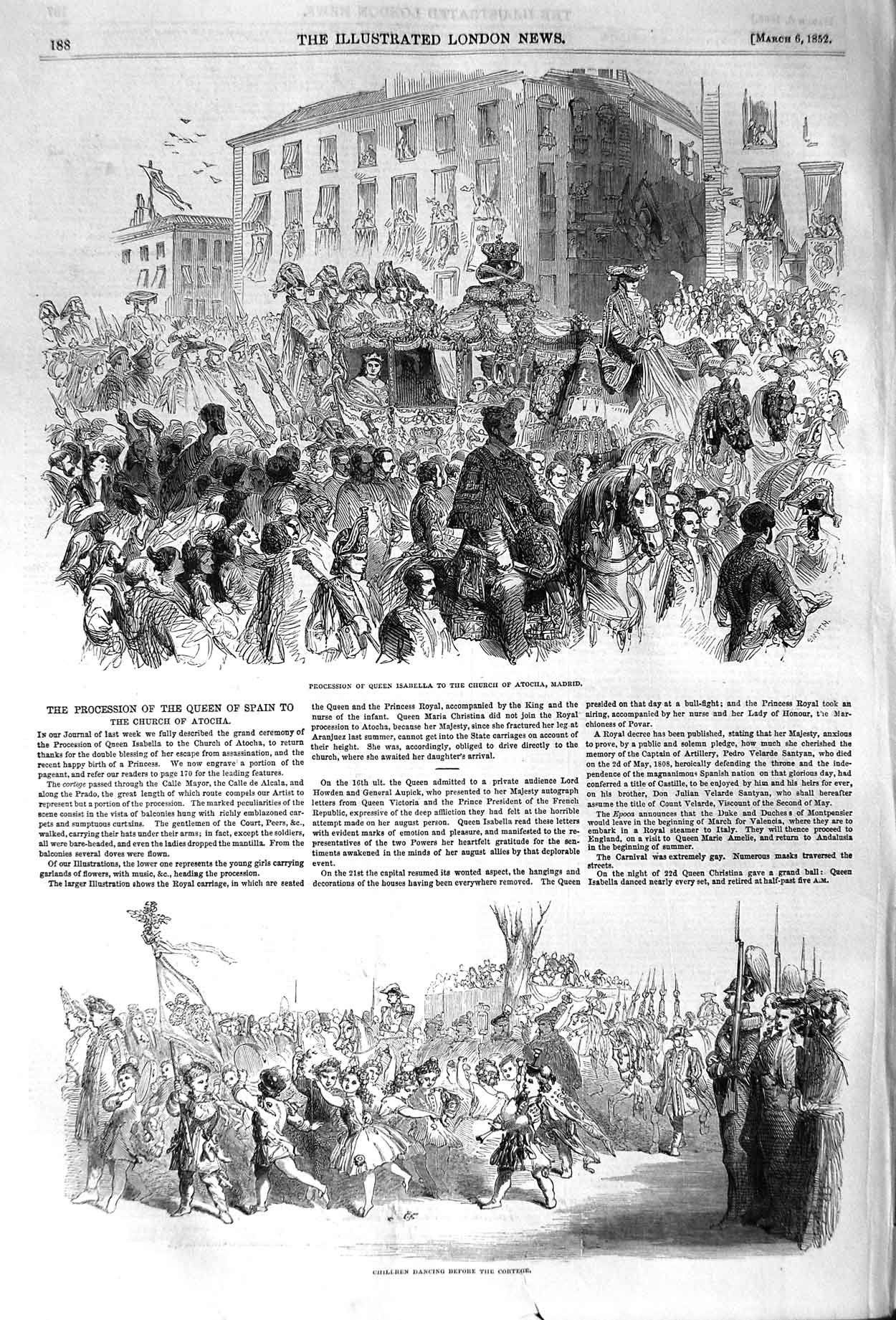 Original Old Antique Print 1852 Queen Isabella Church Atocha Madrid Children