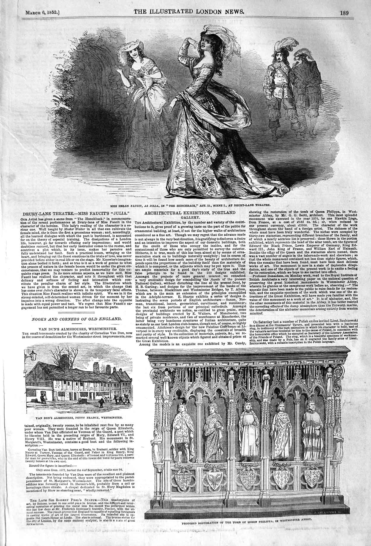 Original Old Antique Print 1852 Tomb Queen Philippa Westminster Abbey Theatre