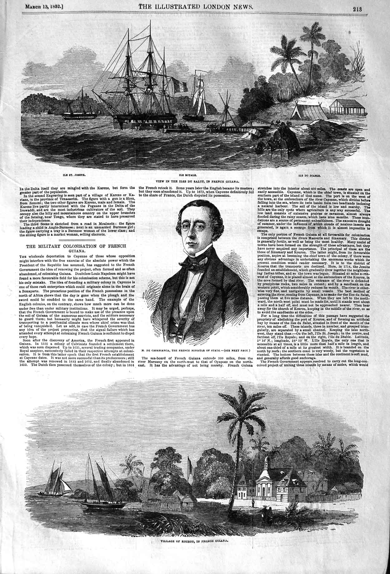 Original Old Antique Print 1852 Isles Salut French Guiana Casabianca Kouro 19th