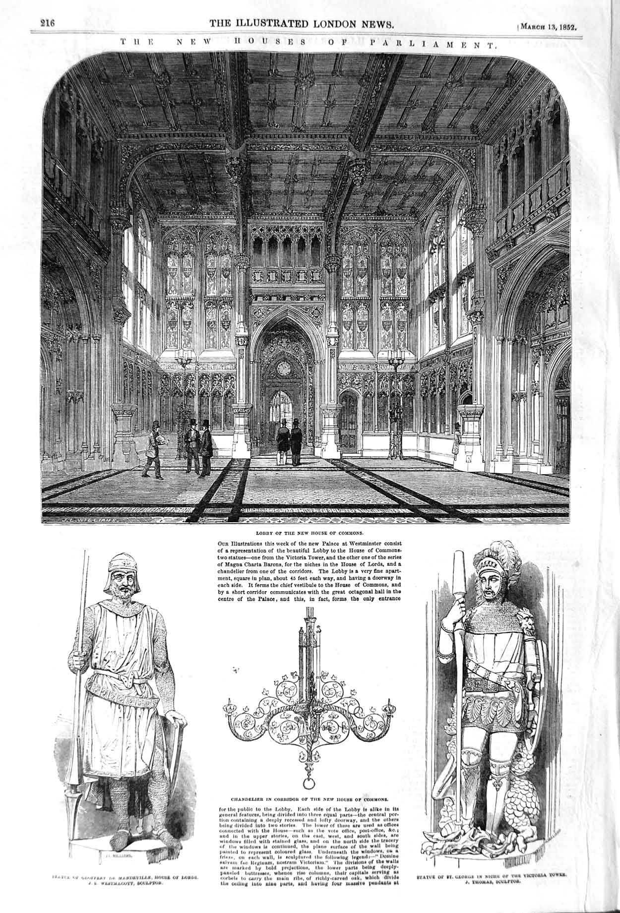 Original Old Antique Print 1852 Lobby House Commons Parliament Geoffrey George