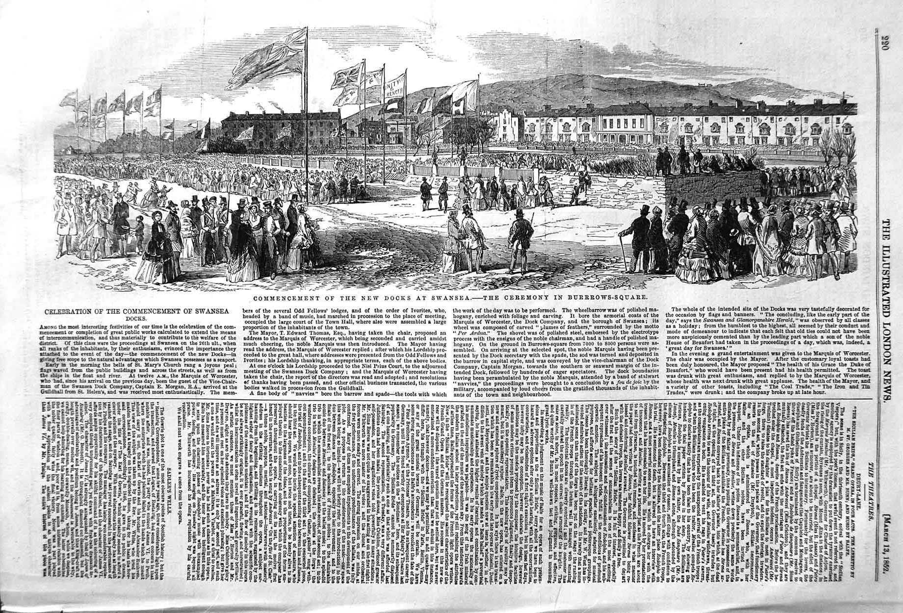 Original Old Antique Print 1852 Ceremony New Docks Swansea Burrows Square 19th