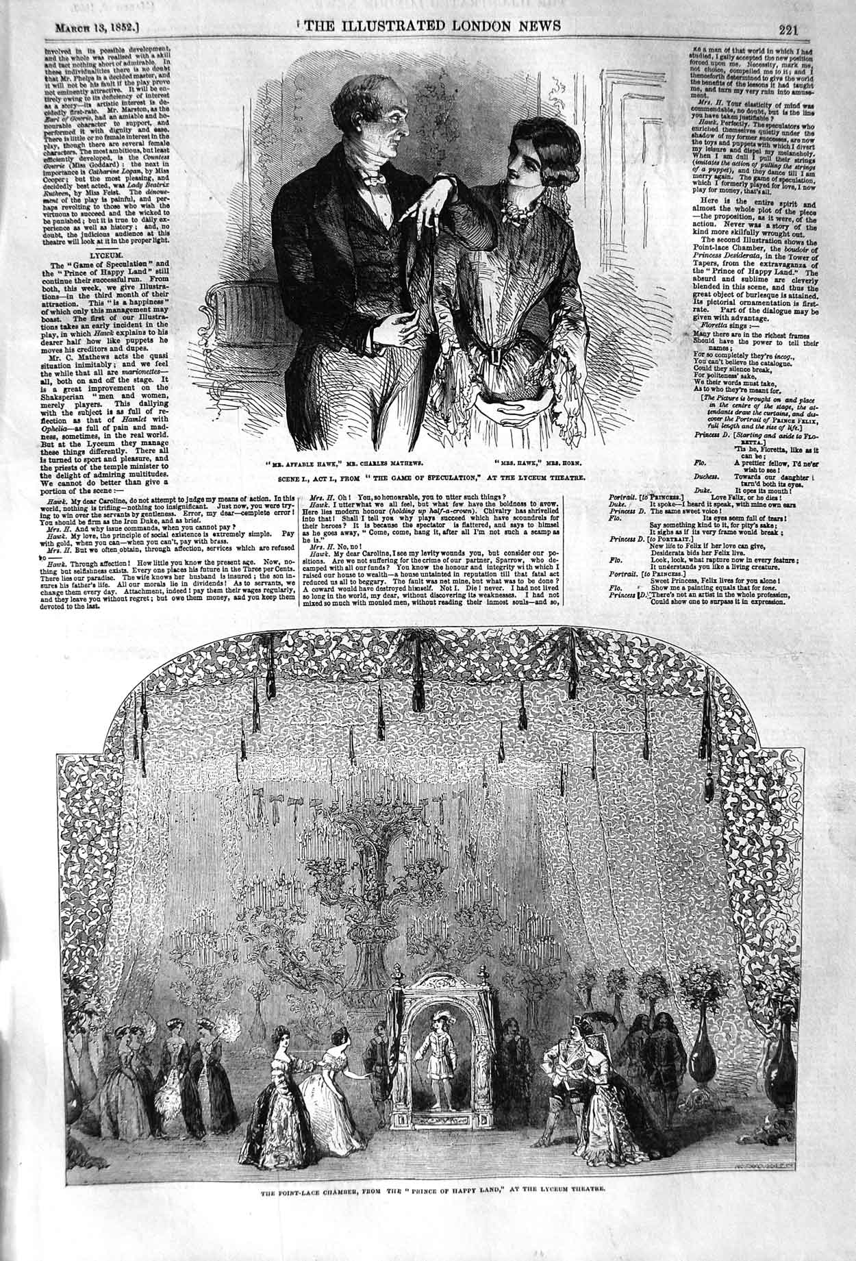 Old Antique Print 1852 Lyceum Theatre Prince Happy Land Mathews Hawk Horn 19th