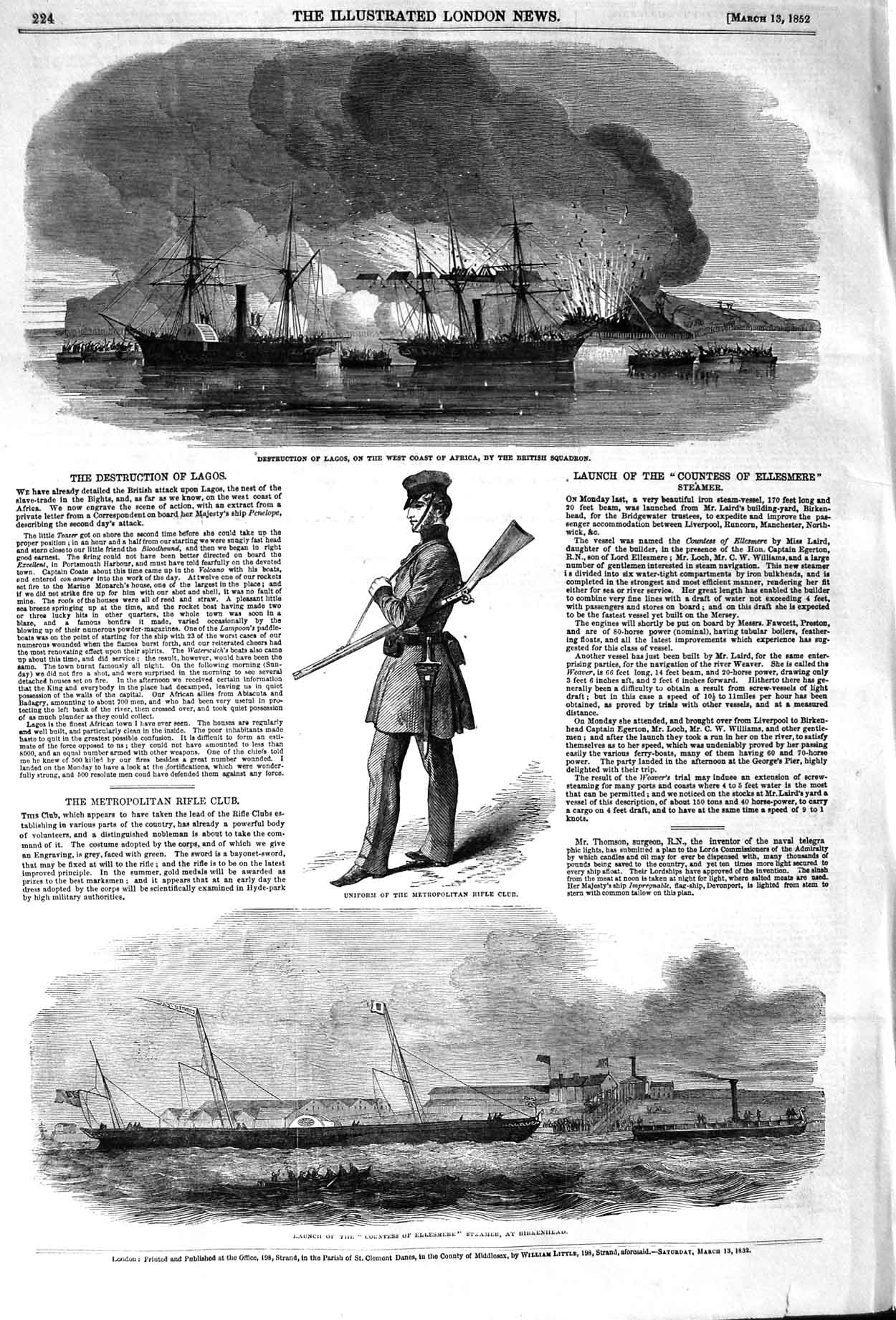 Original Old Antique Print 1852 Lagos Africa British Ships Countess El Victorian