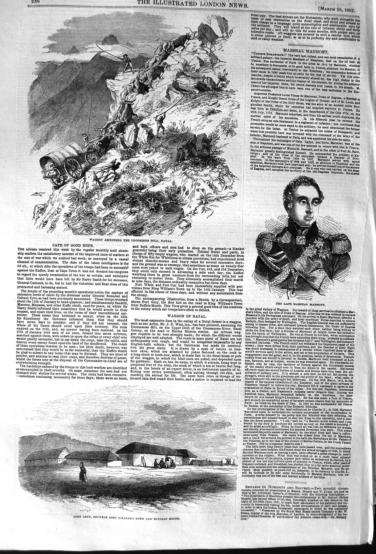 Original Old Antique Print 1852 Fort Grey Uncommoss Hill Natal Marshall Marmont