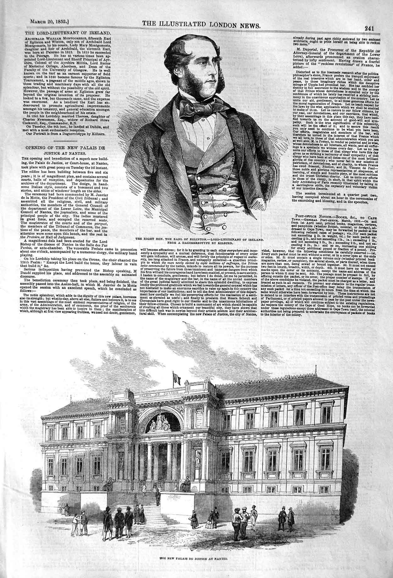 Original Old Antique Print 1852 Earl Eglinton Ireland Palais De Justice 19th