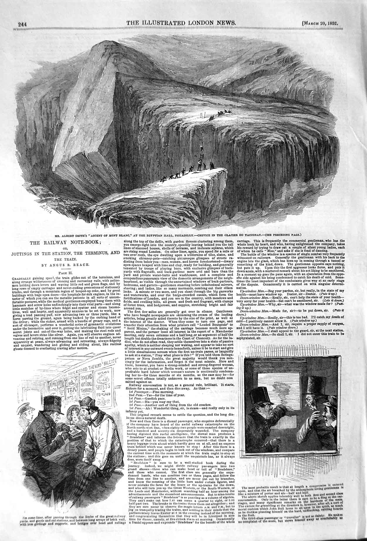 Original Old Antique Print 1852 Albert Smith Mont Blanc Glacier Du T Victorian