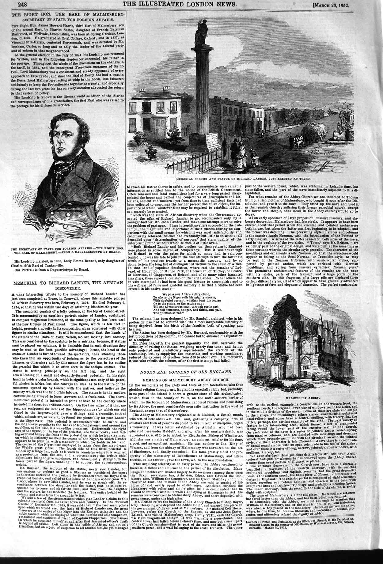 Old Antique Print 1852 Earl Malmesbury Abbey Statue Richard Lander Truro 19th