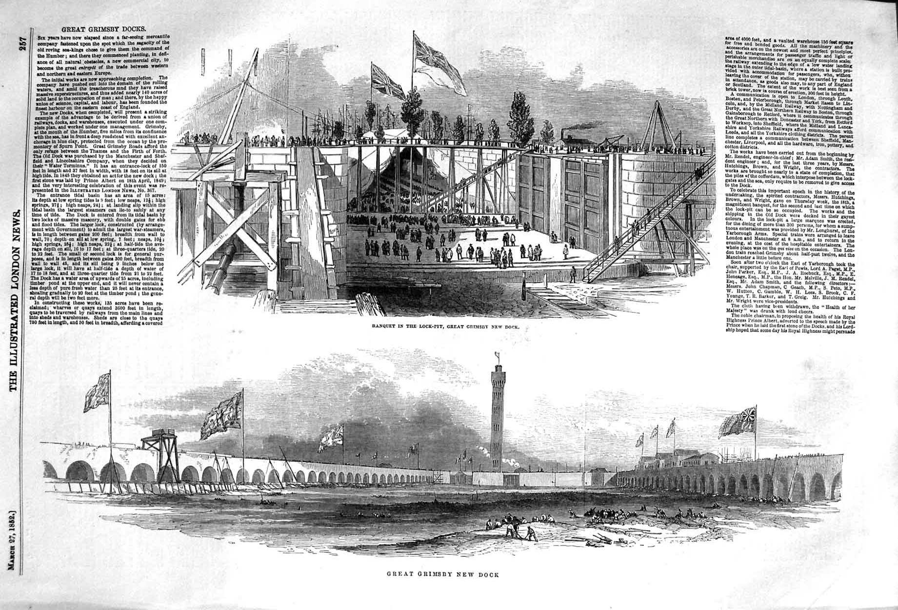 Original Old Antique Print 1852 Banquet Lock-Pit Grimsby New Dock England 19th