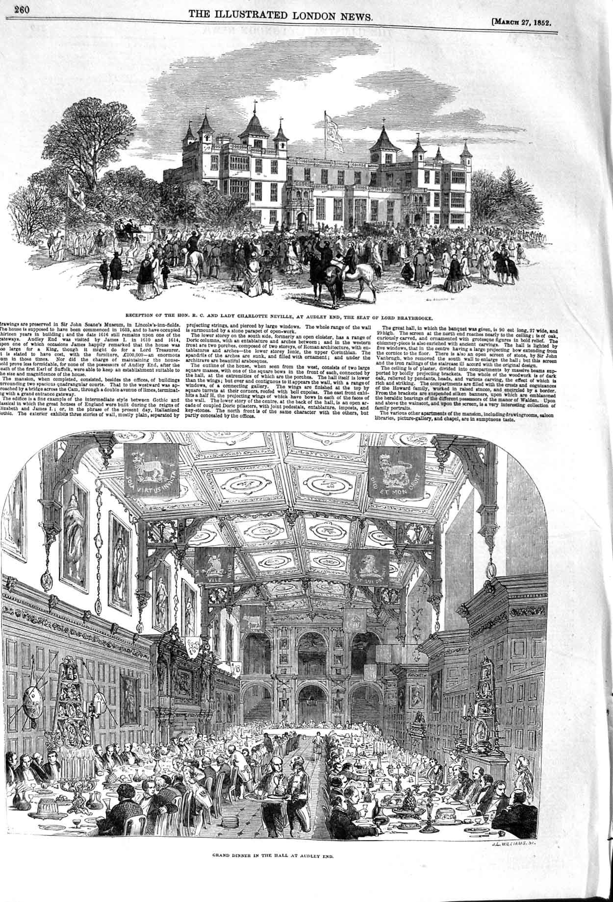 Original Old Antique Print 1852 Lady Charlotte Neville Audley End Lord Ba 19th