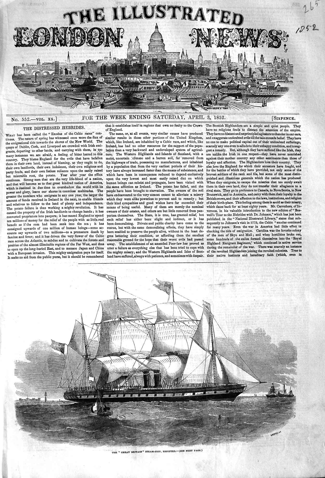 Original Old Antique Print 1852 Great Britain Steam Ship Refitted Victorian