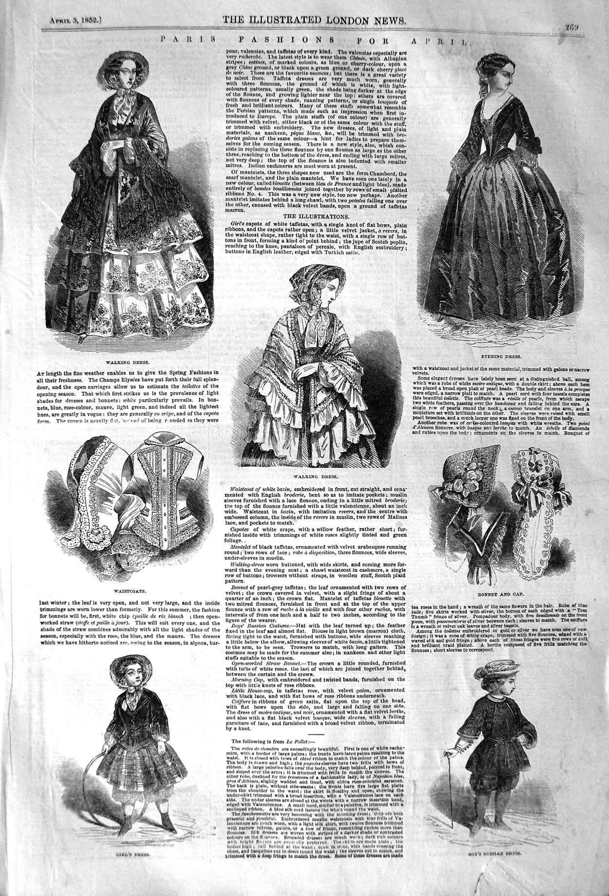 Original Old Antique Print 1852 Paris Fashion Girl'S Dress Bonnet Cap Walking