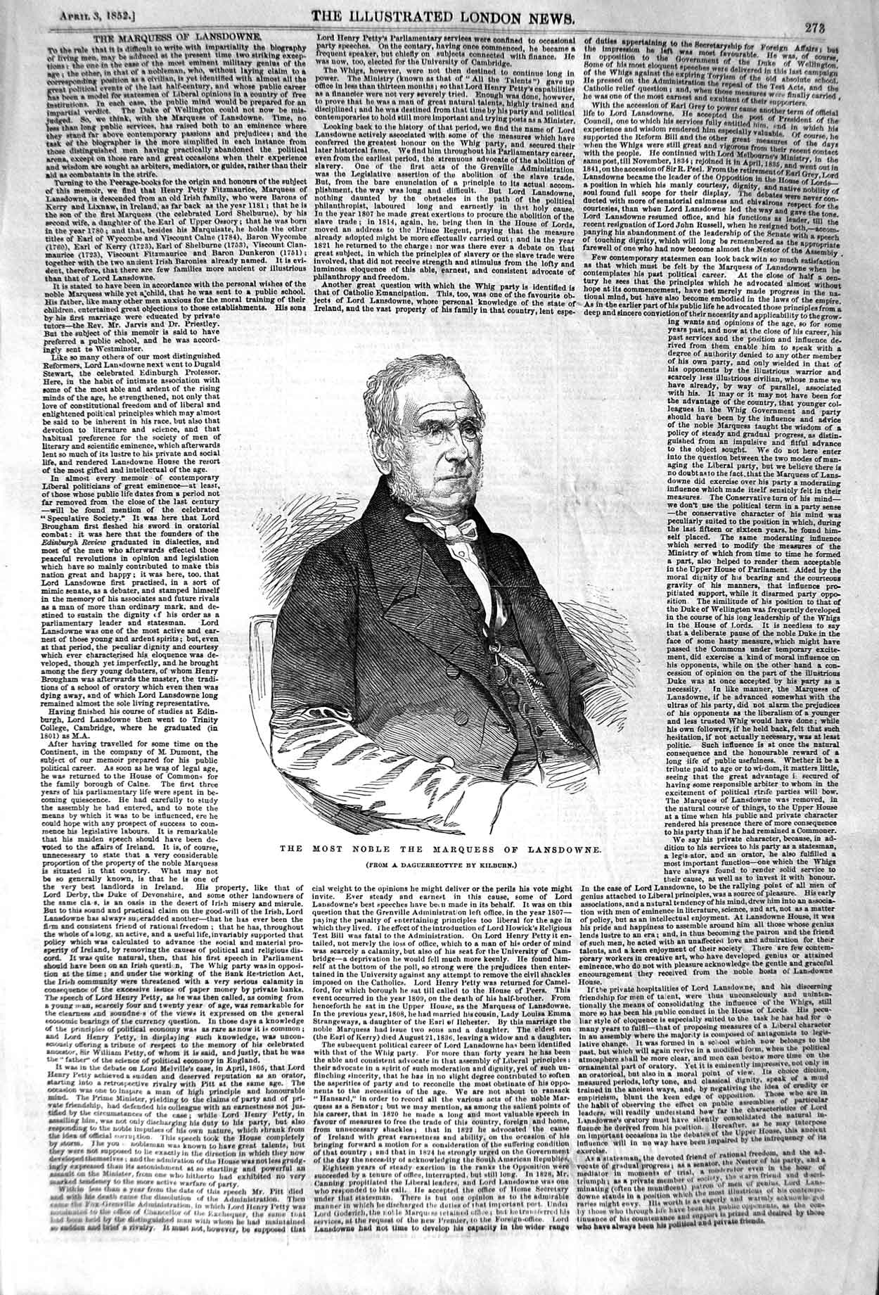 Original Old Antique Print 1852 Portrait Most Noble Marquess Lansdowne 19th