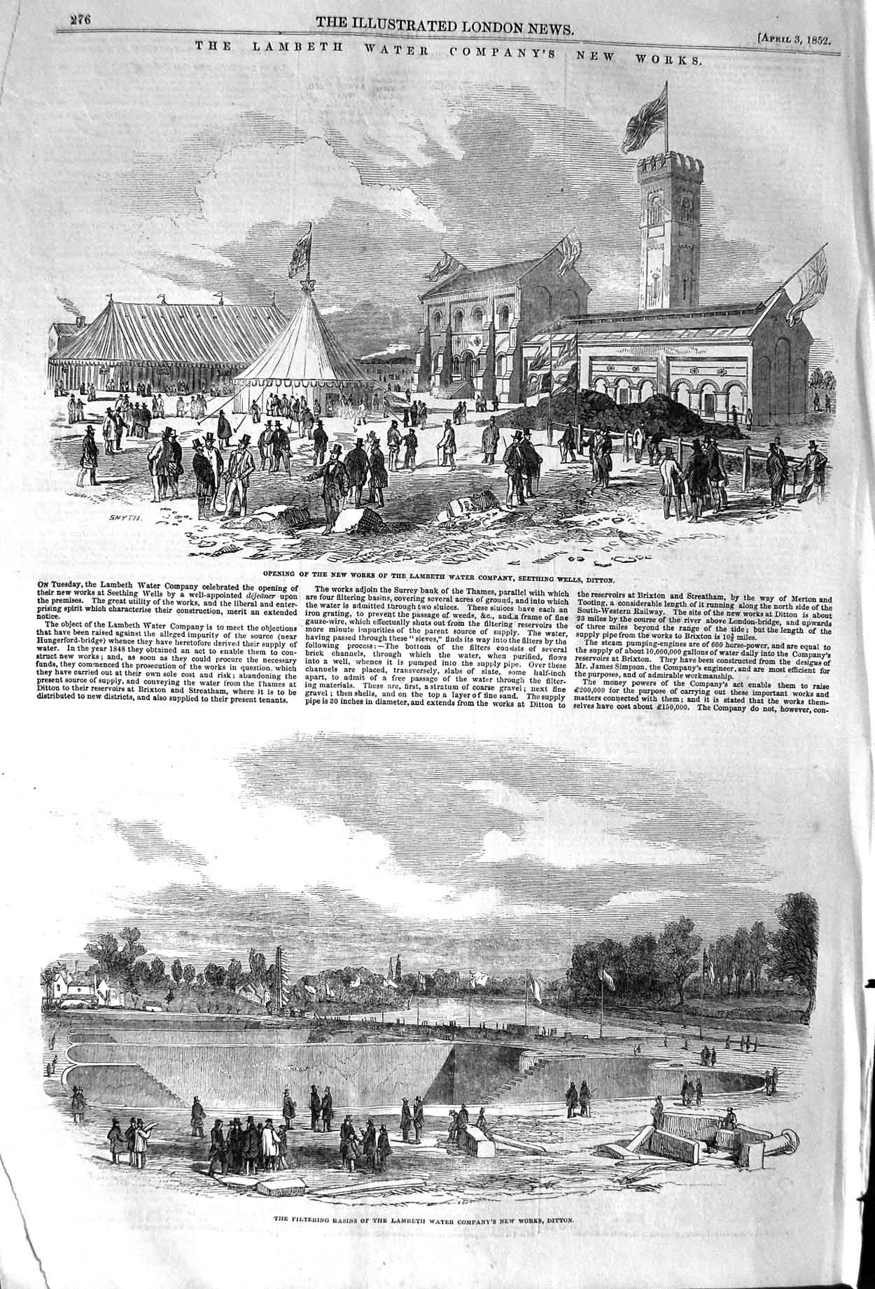 Original Old Antique Print 1852 Lambeth Water Company Works Seething Wells 19th