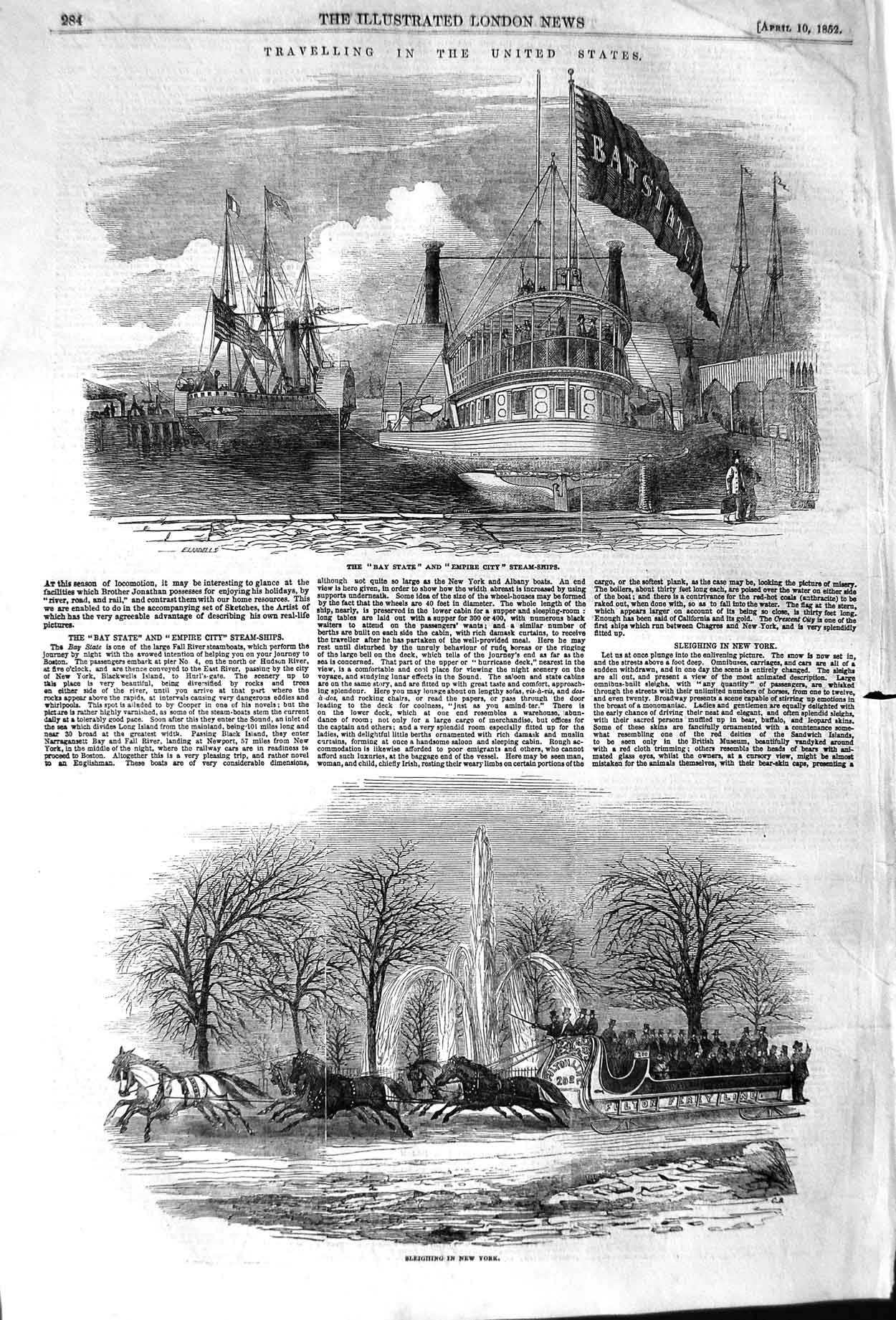 Original Old Antique Print 1852 America Bay State Empire City Ships Railway Car