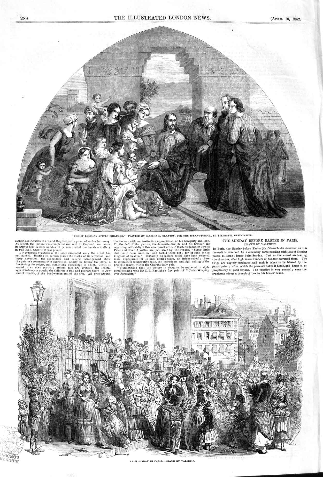 Old Antique Print 1852 Scene Christ Blessing Children Palm Sunday Paris 19th
