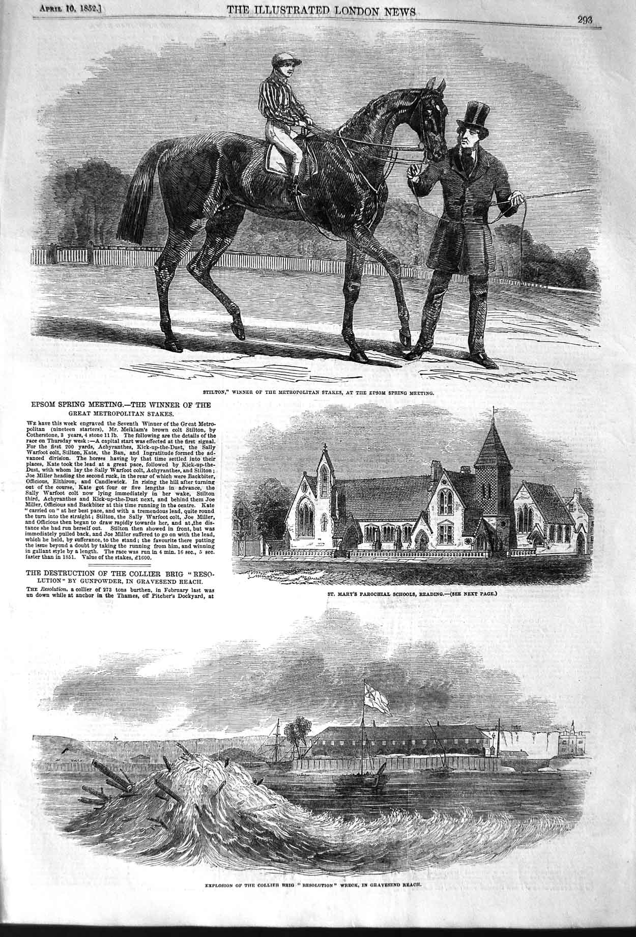 Old Antique Print 1852 Stilton Horse Mary Parochial School Resolute Ship 19th