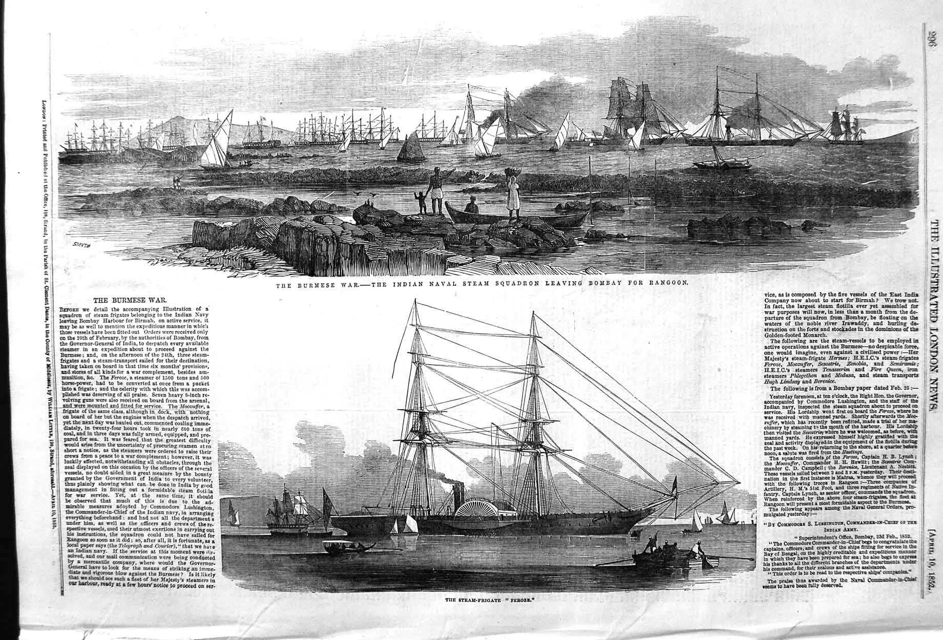 Original Old Antique Print 1852 Burmese War Indian Naval Steam Squadron Feroze
