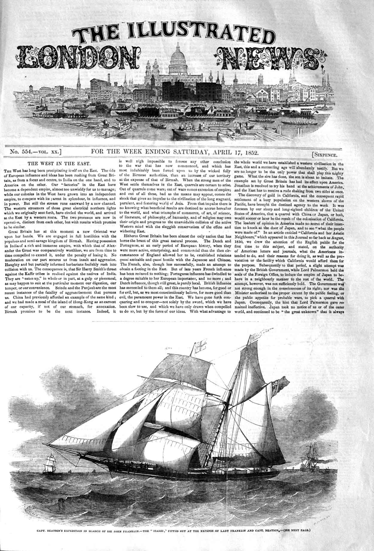 Original Old Antique Print 1852 Captain Beaston Ship Sea John Franklin Victorian