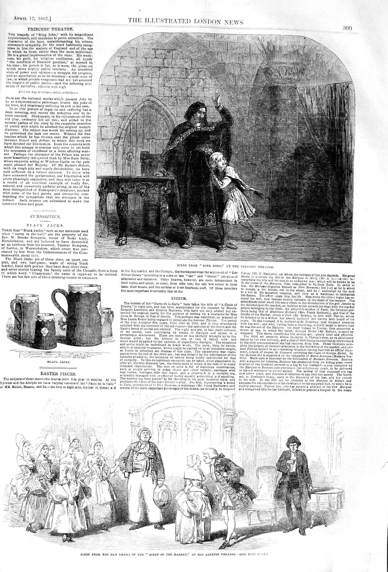 Original Old Antique Print 1852 King John Princess Theatre Queen Market 19th