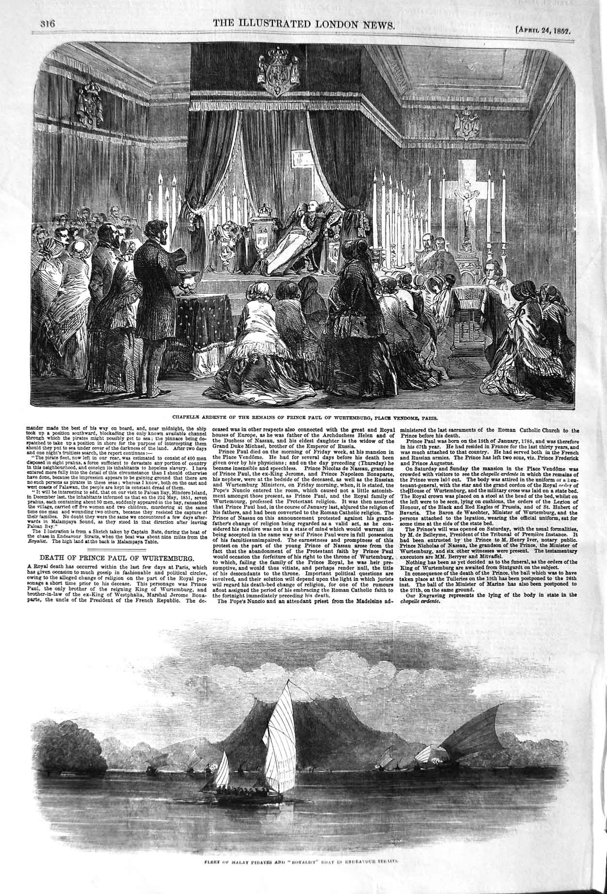 Old Antique Print 1852 Chapelle Ardente Prince Paul Paris Malay Pirates 19th