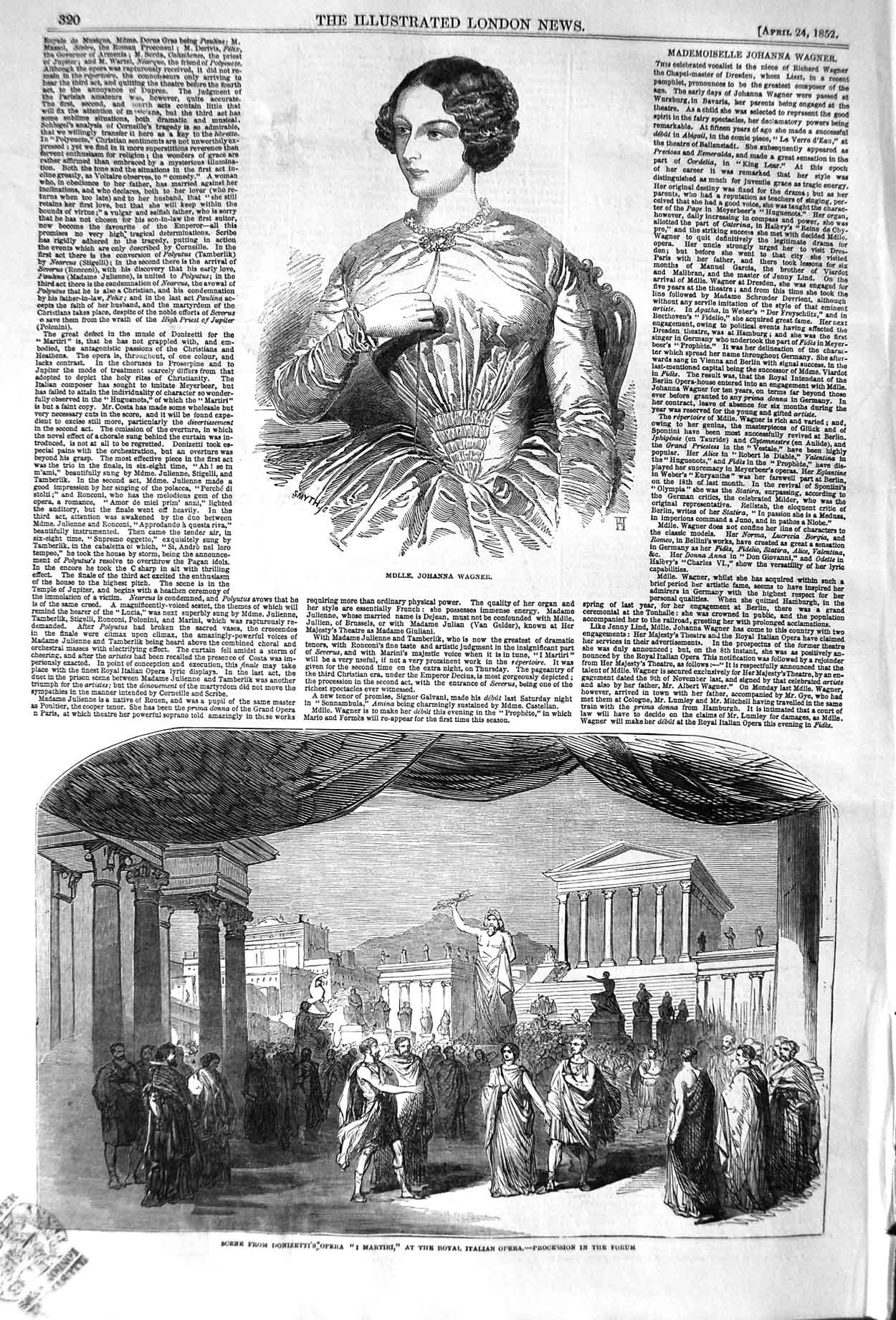 Original Old Antique Print 1852 Mdlle Johanna Wagner Donizetti Opera I Martiri