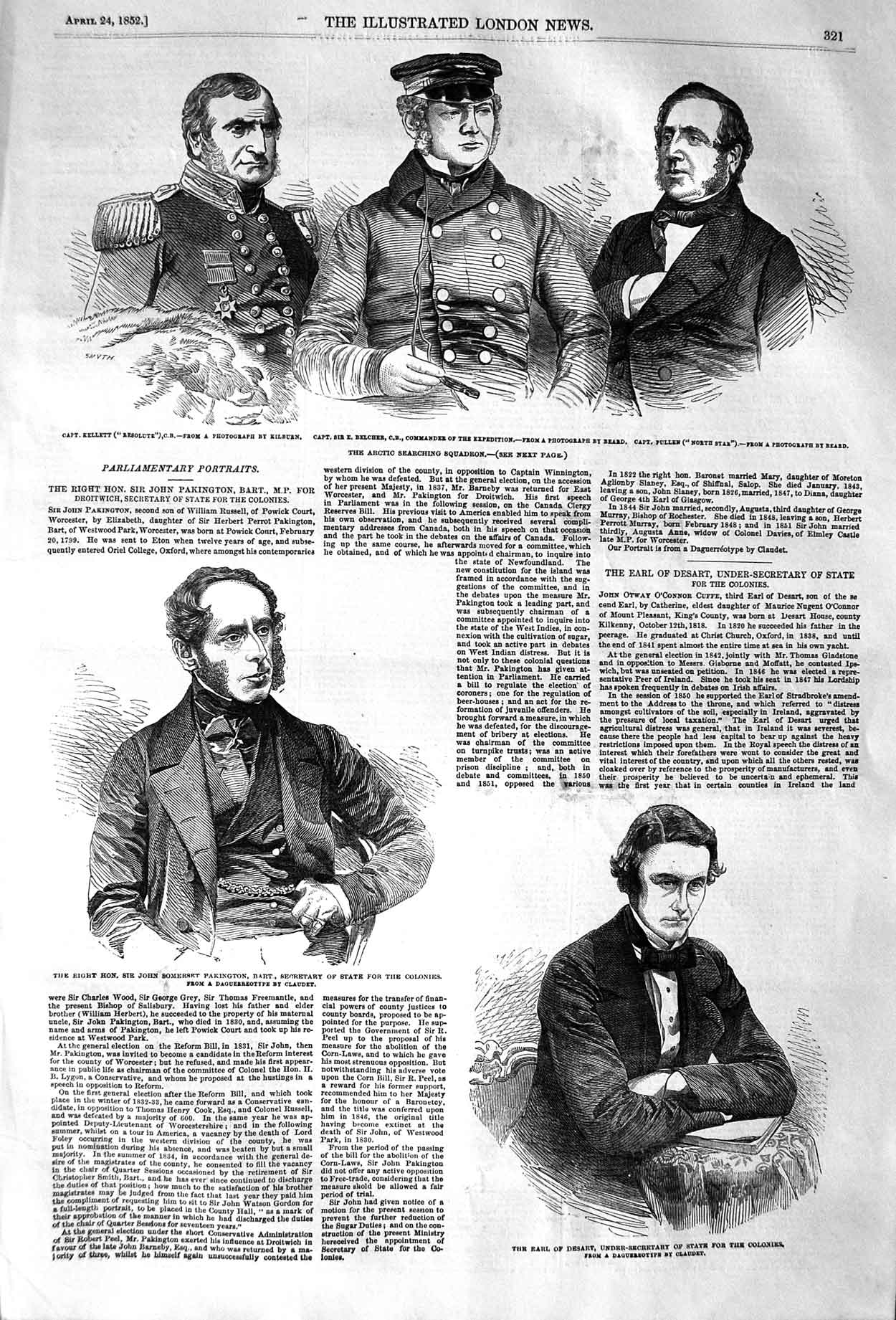 Original Old Antique Print 1852 Kellett Belcher Pullen John Pakington Earl 19th
