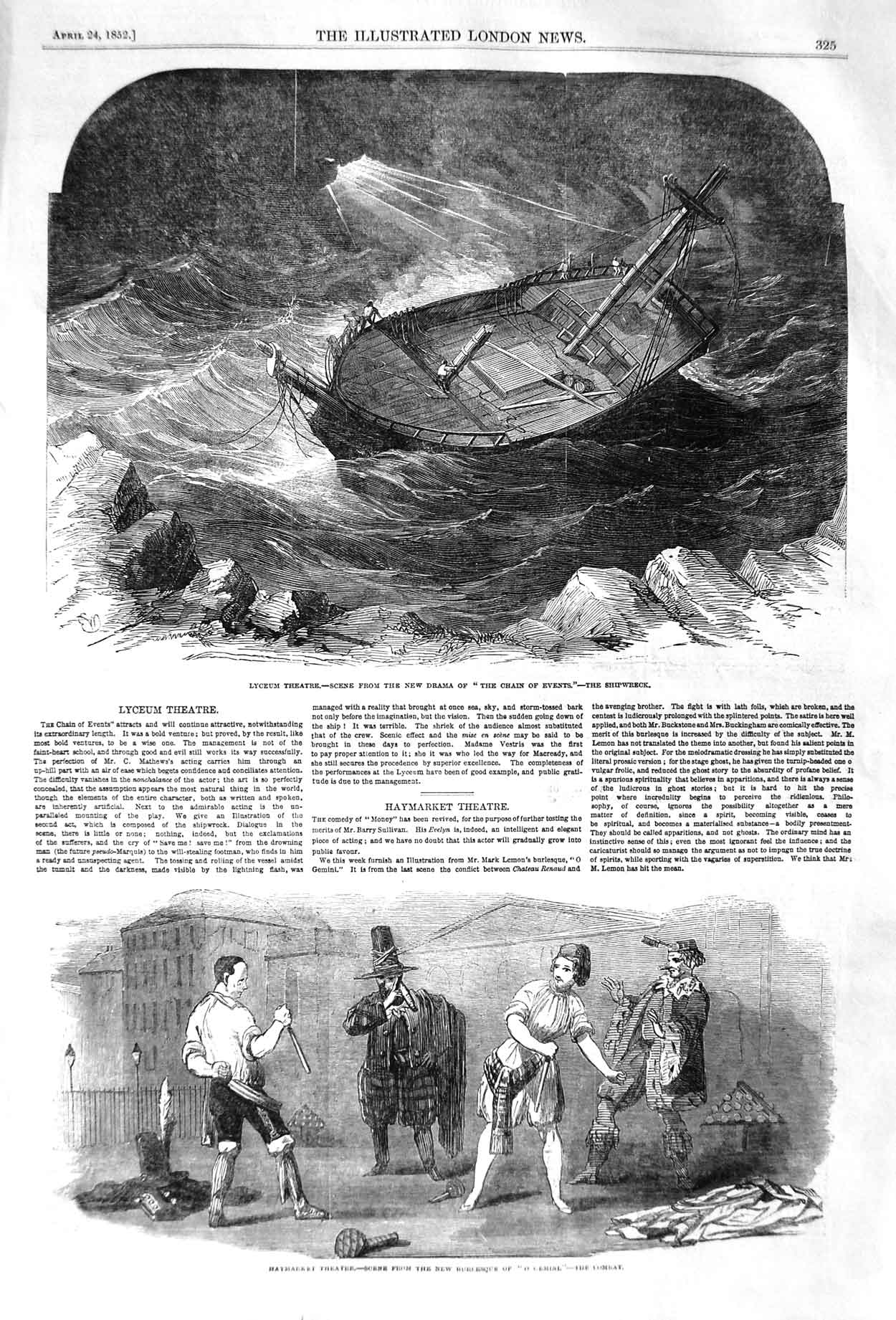 Original Old Antique Print 1852 Lyceum Theatre Chain Events Burlesque O' Gemini