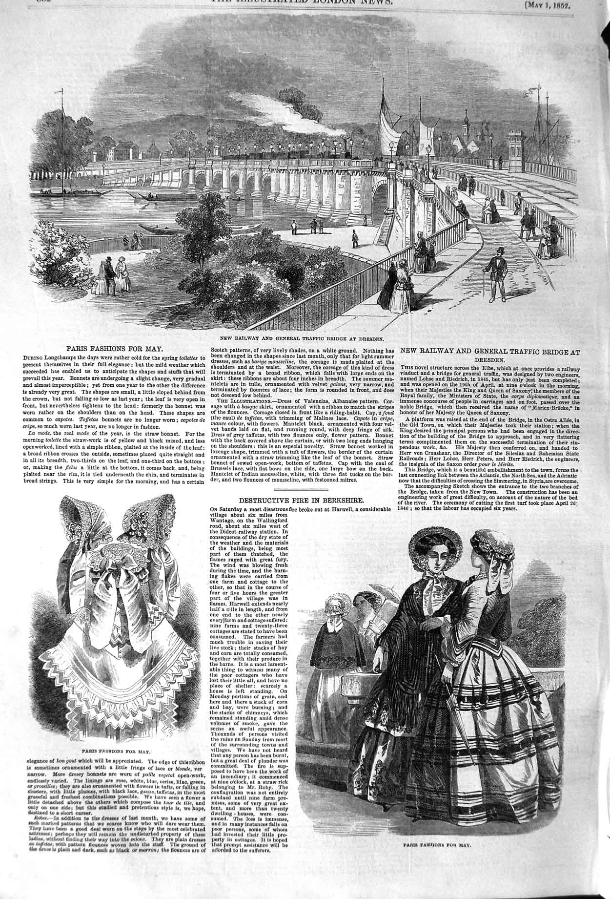 Original Old Antique Print 1852 Railway Traffic Bridge Dresden Paris Fashion