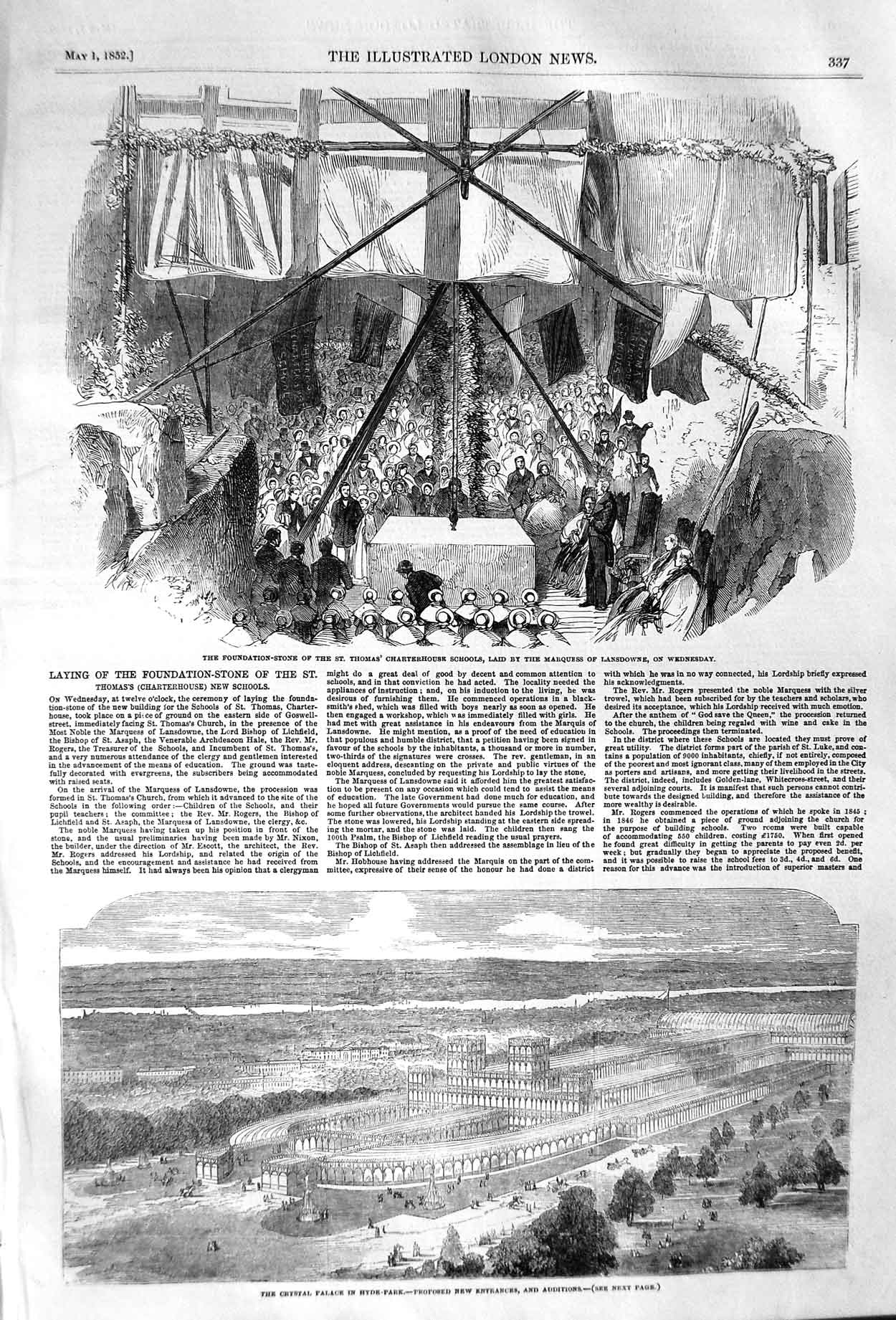 Old Antique Print 1852 Foundation Thomas School Crystal Palace Hyde Park 19th