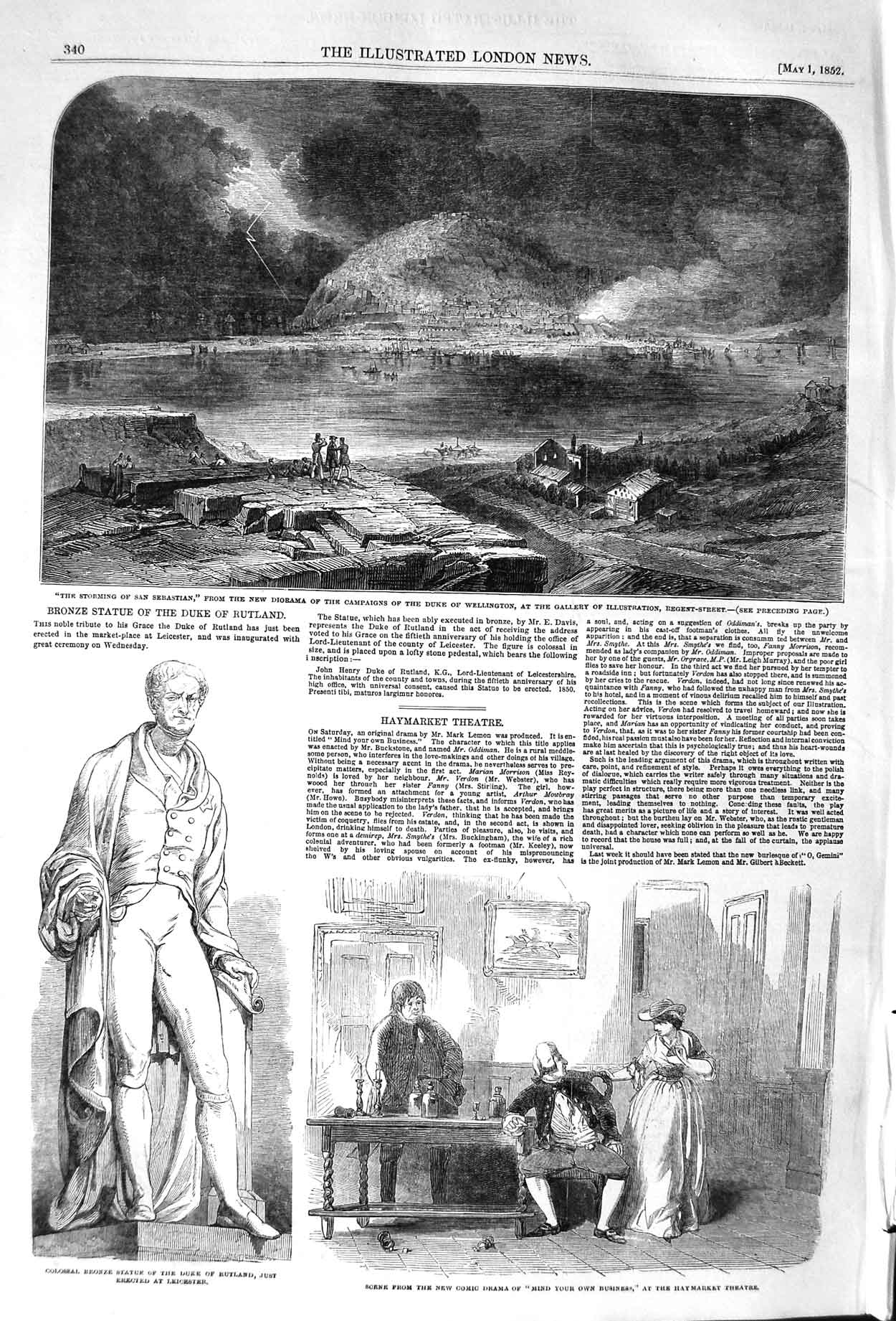 Original Old Antique Print 1852 Statue Duke Rutland Haymarket Theatre Sebastian