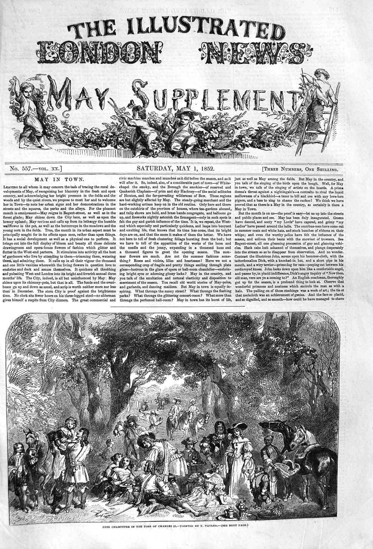 Original Old Antique Print 1852 Fete Champetre Charles Ii Picnic Horse Trees