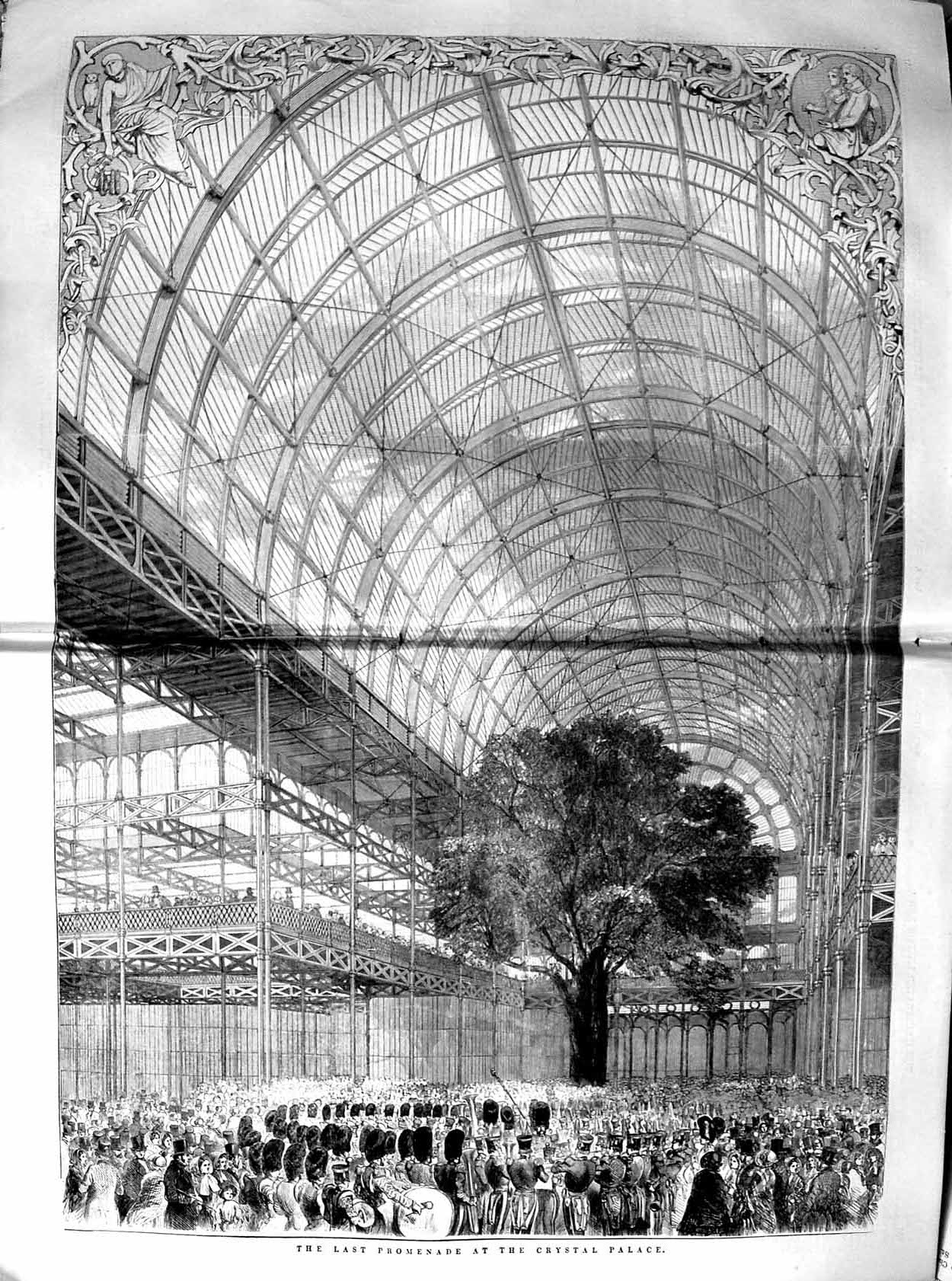 Original Old Antique Print 1852 Promenade Crystal Palace Music Band Siers 19th
