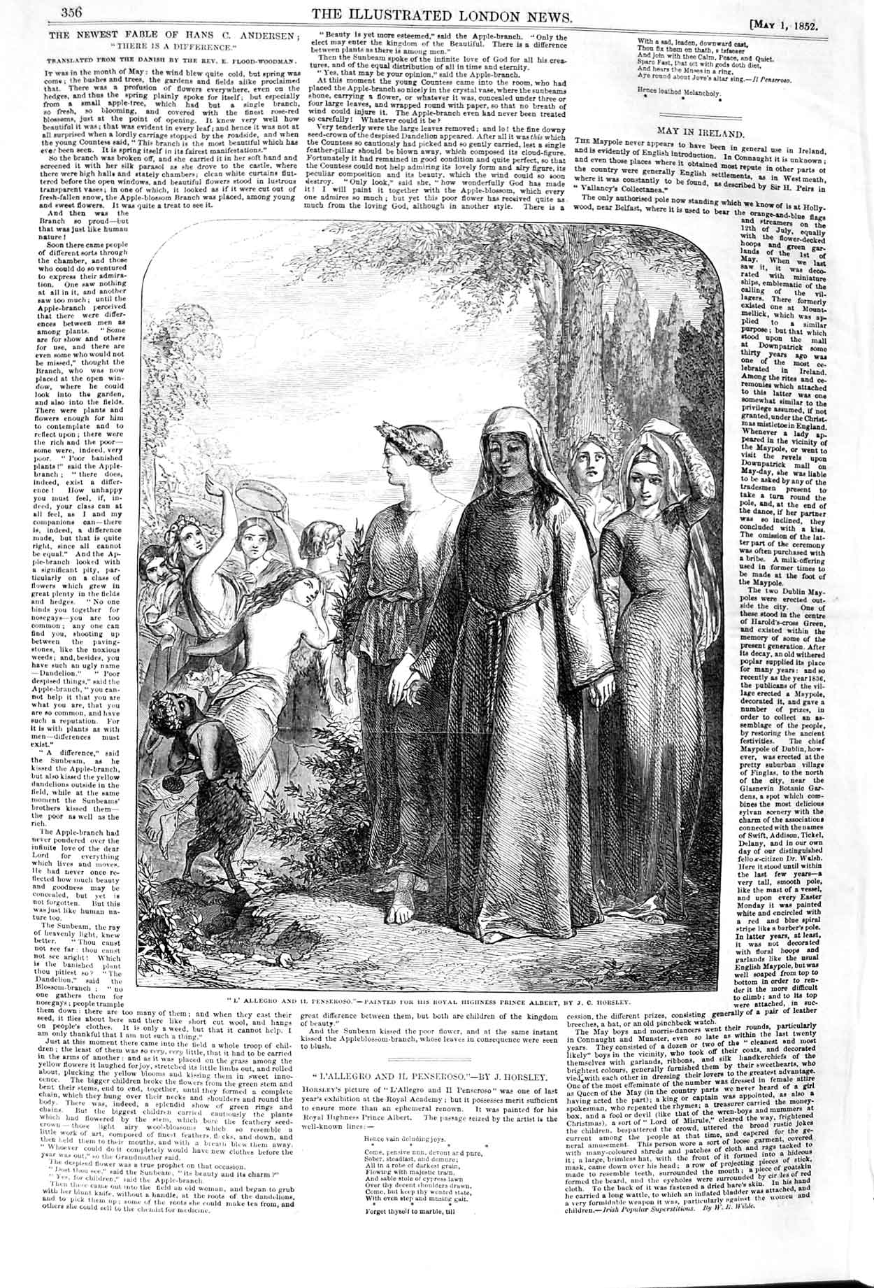 Old Antique Print 1852 L'Allegro Il Penseroso Prince Albert Art Horsley 19th