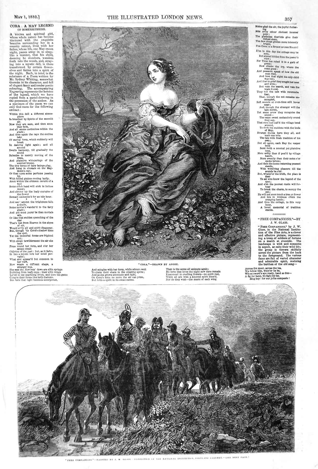 Original Old Antique Print 1852 Cora Girl Troops Siers Marching Eventide Horses