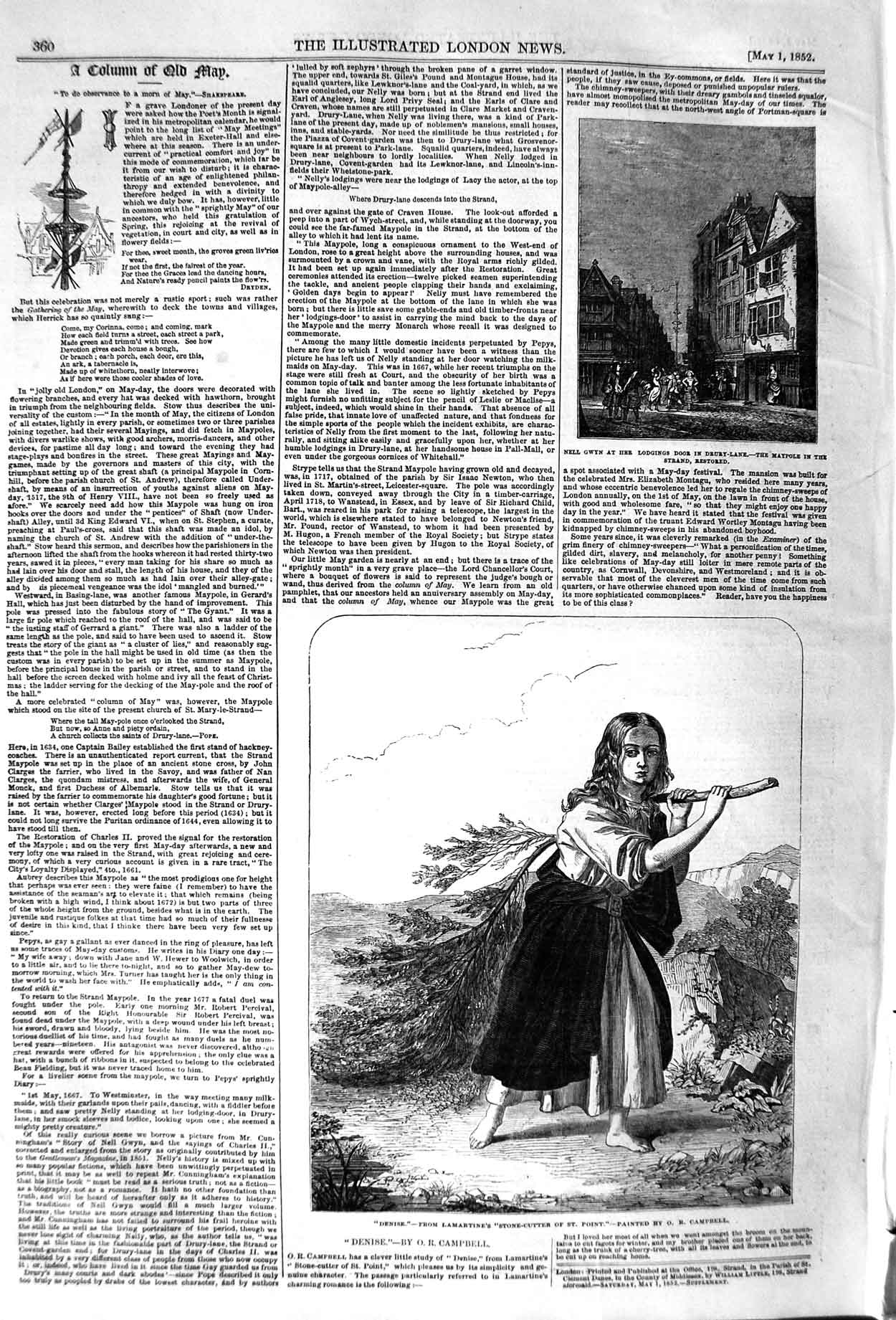 Original Old Antique Print 1852 Nell Gwyn Drury-Lane Maypole Denise La Victorian