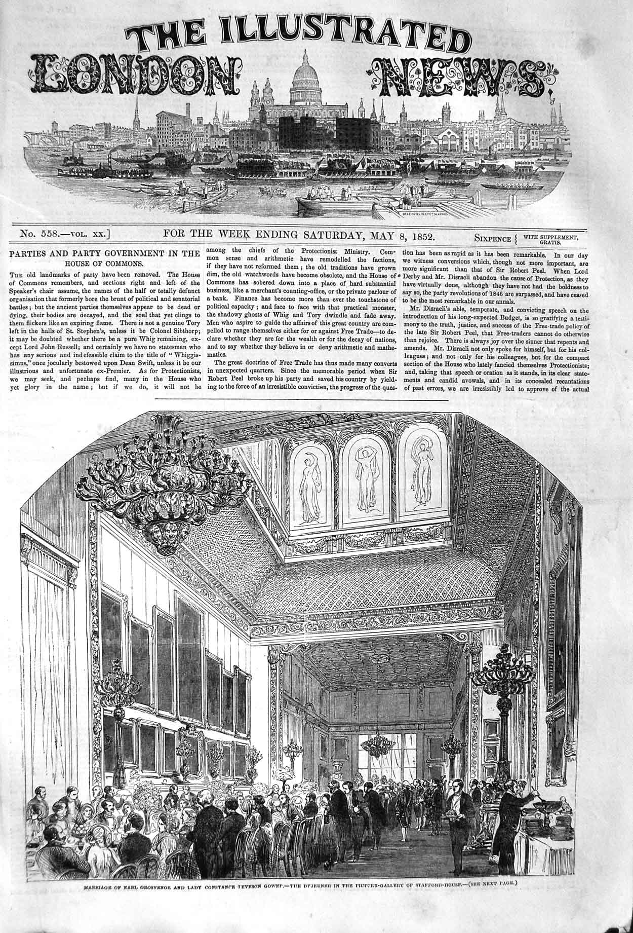 Original Old Antique Print 1852 Marriage Earl Grosvenor Lady Constance Dfjeuner