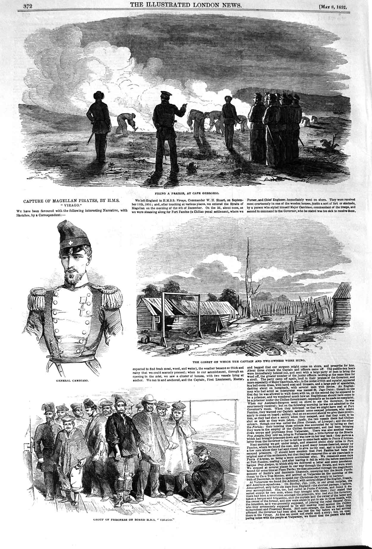 Original Old Antique Print 1852 General Cambiaso Ship Virago Cape Gregorio War